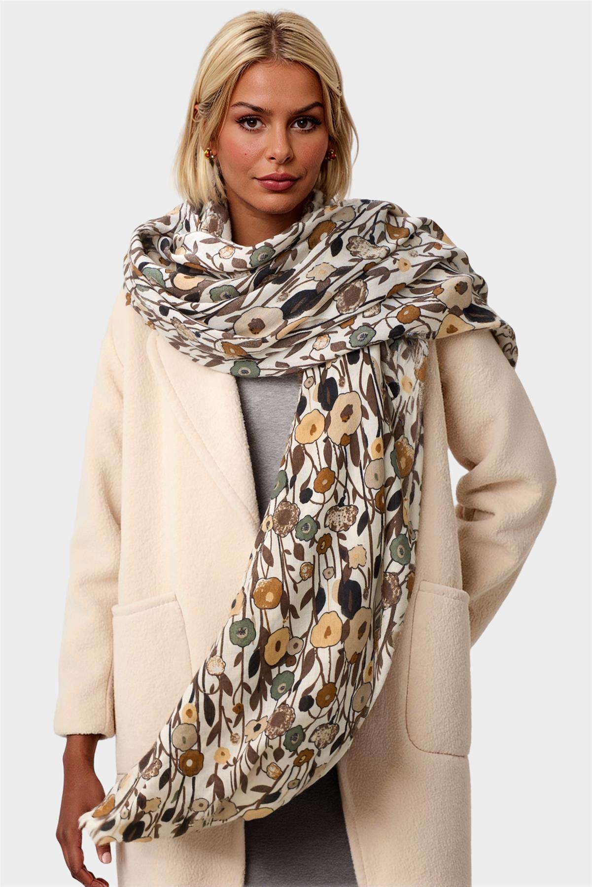 Floral Print Fringed edges Scarf In Brown - AXON