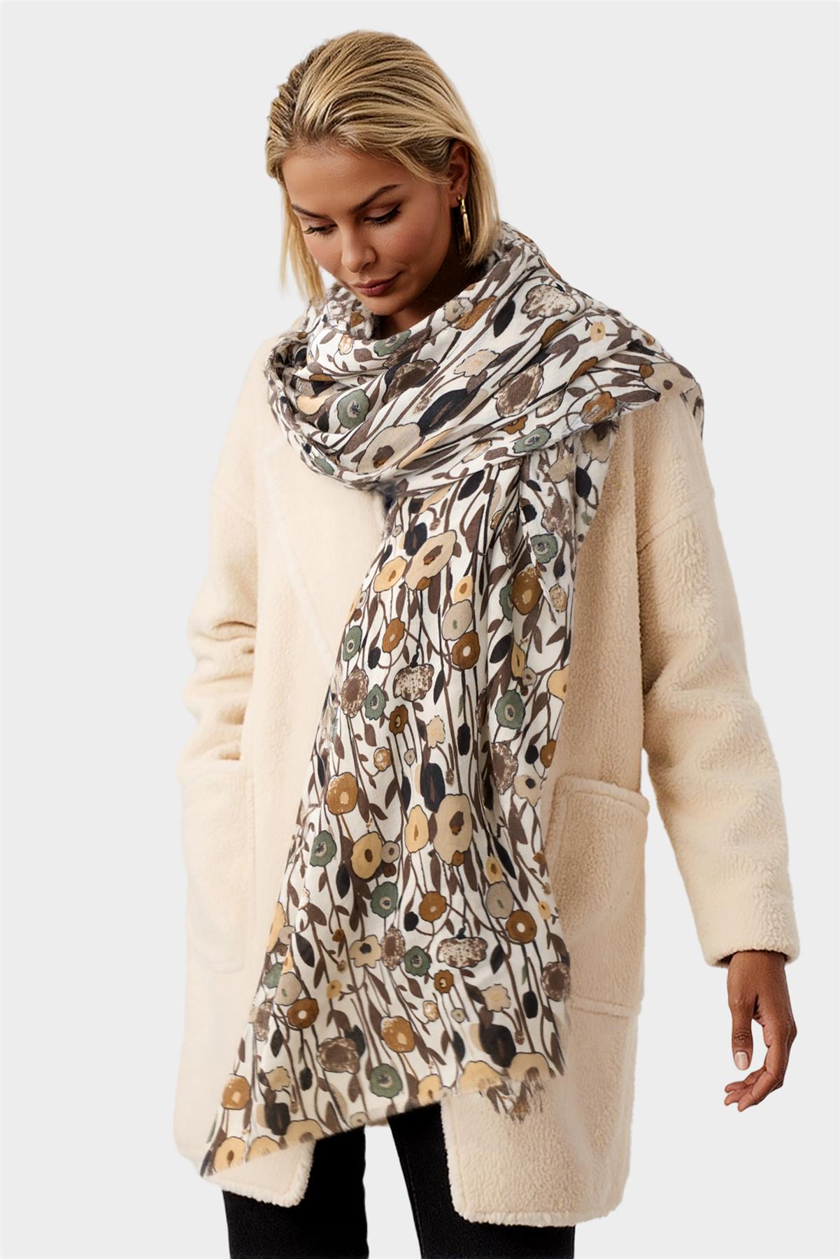 Floral Print Fringed edges Scarf In Brown - AXON