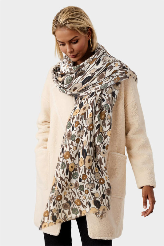 Floral Print Fringed edges Scarf In Brown - AXON