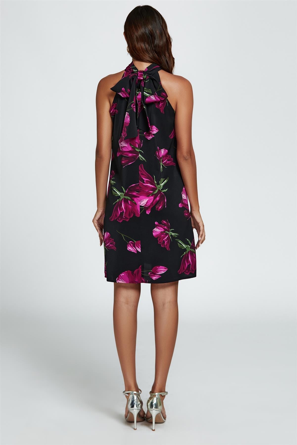 Floral Print Halter Neck Tie Back Mini Dress In Black - AXON