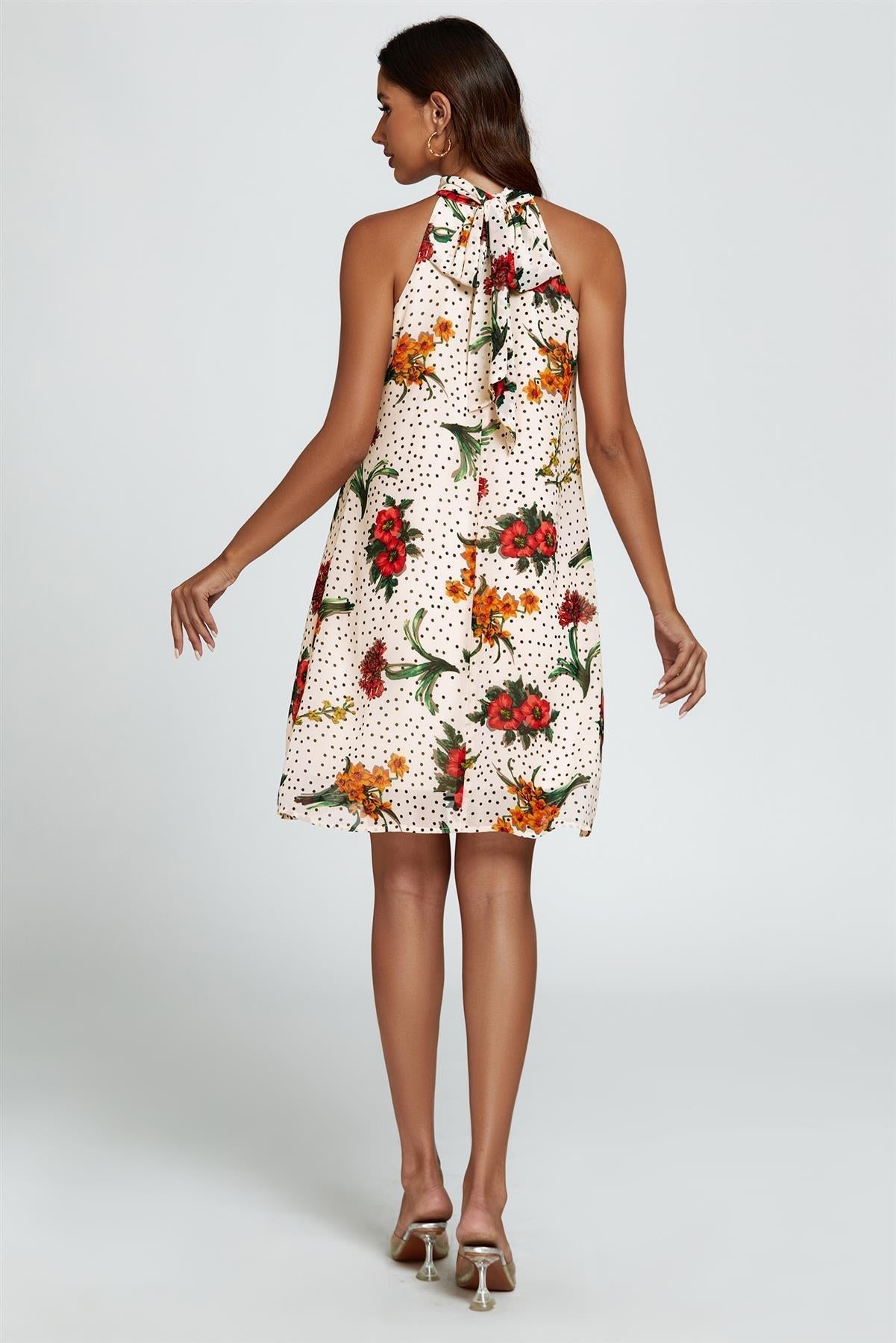 Floral Print Halter Neck Tie Back Mini Dress In Off White - AXON