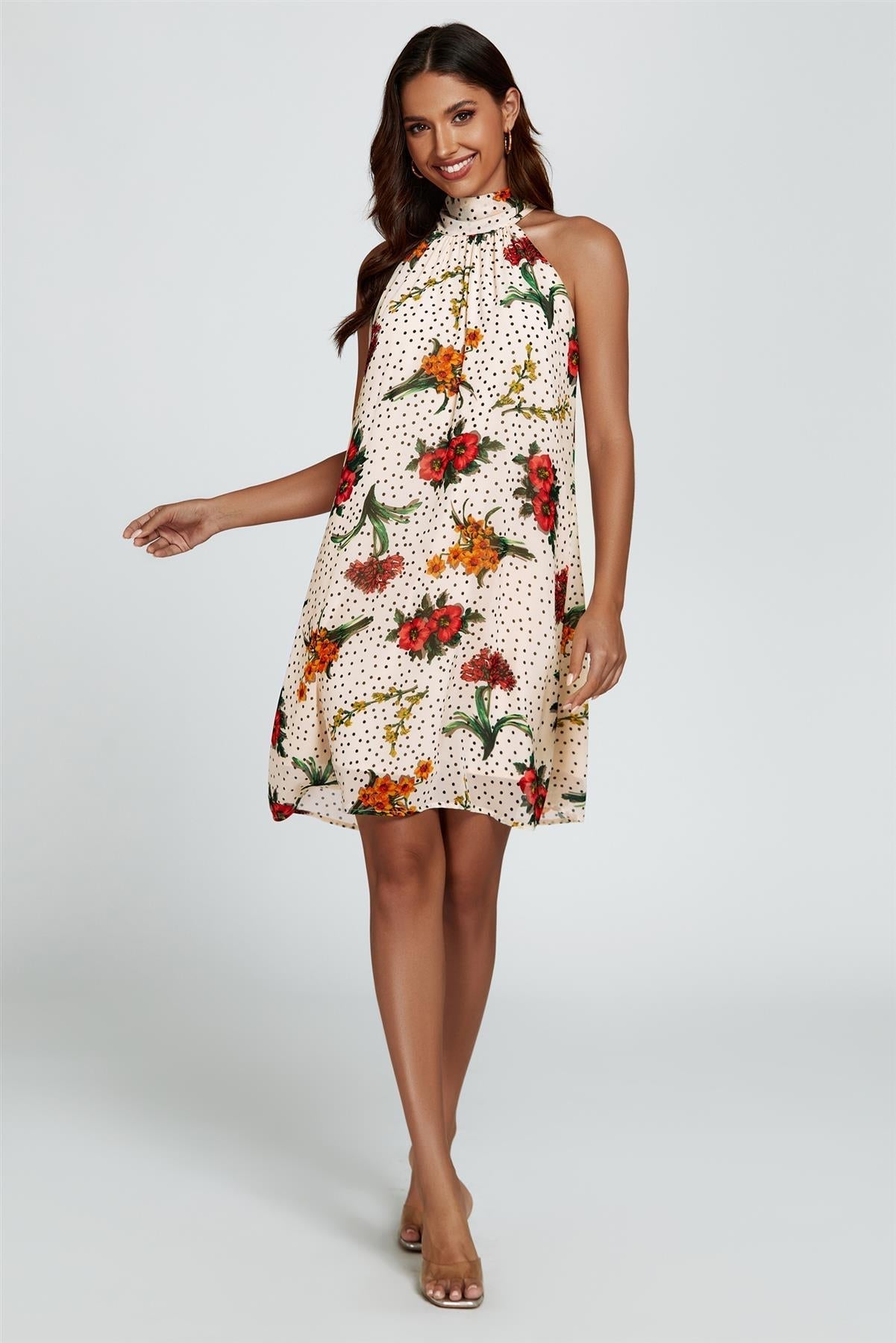 Floral Print Halter Neck Tie Back Mini Dress In Off White - AXON