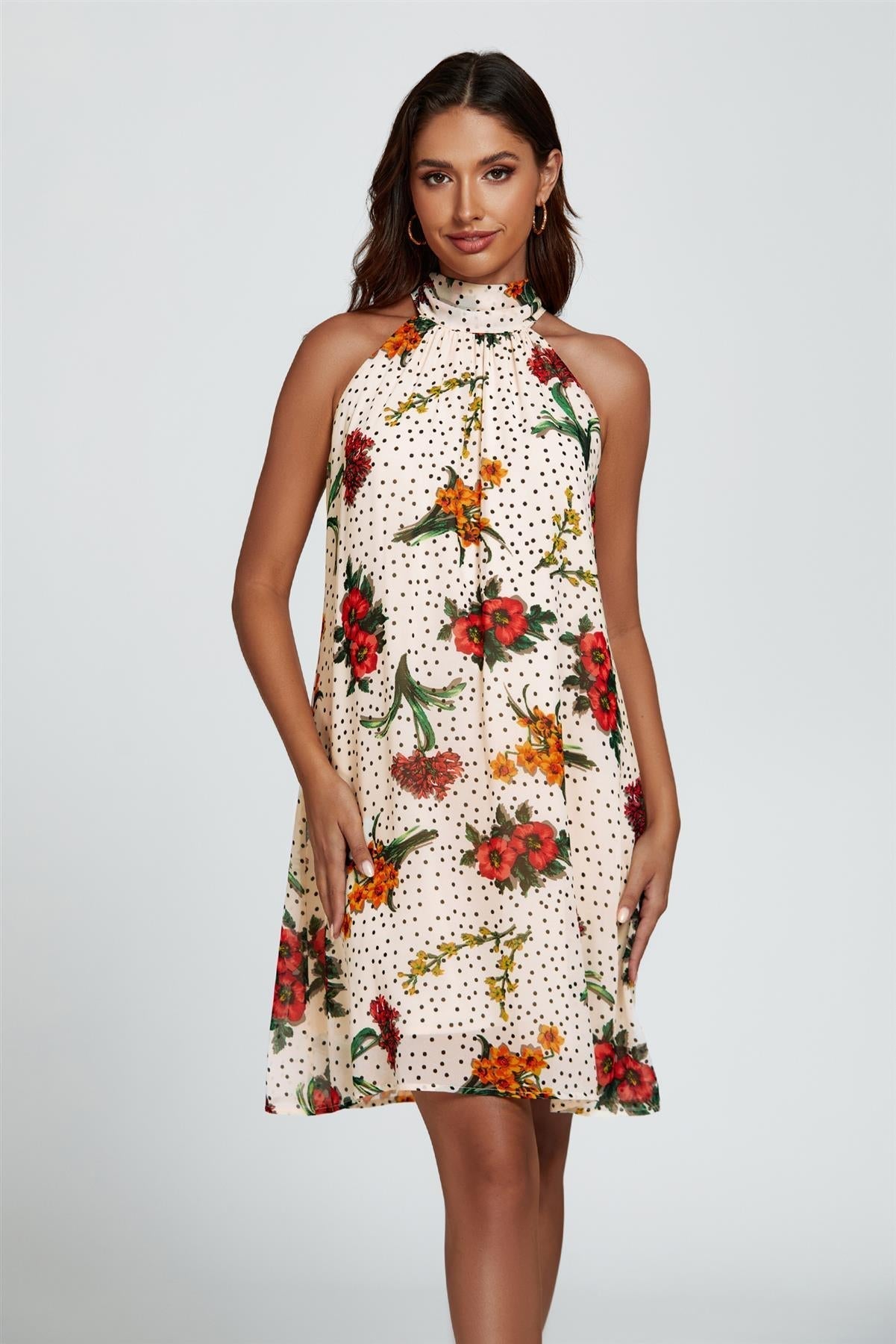 Floral Print Halter Neck Tie Back Mini Dress In Off White - AXON