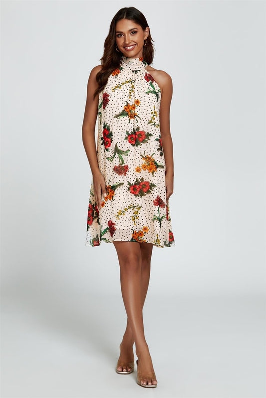 Floral Print Halter Neck Tie Back Mini Dress In Off White - AXON