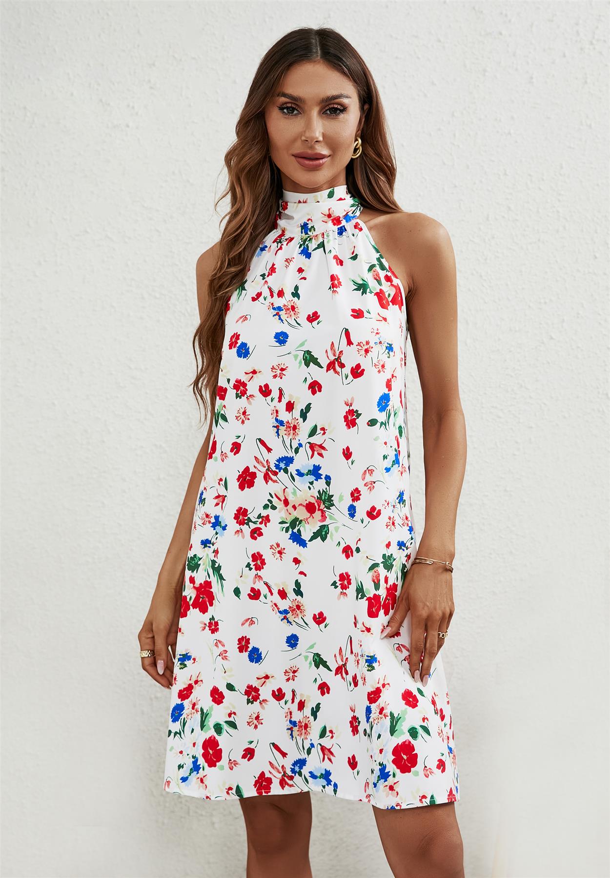 Floral Print Halter Neck Tie Back Mini Dress In White - AXON