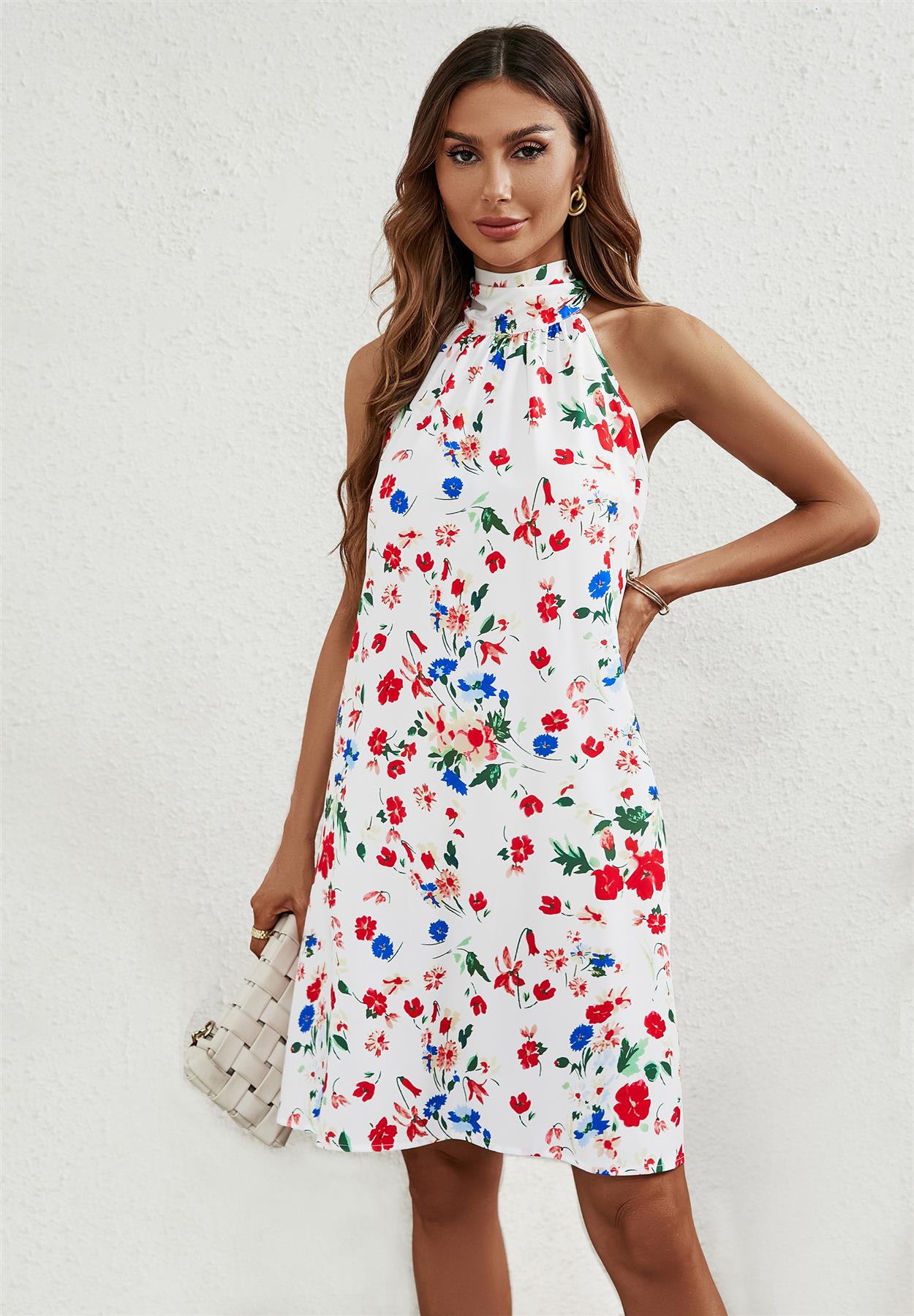 Floral Print Halter Neck Tie Back Mini Dress In White - AXON