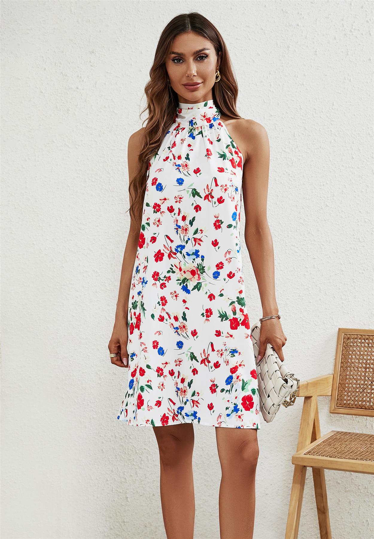 Floral Print Halter Neck Tie Back Mini Dress In White - AXON