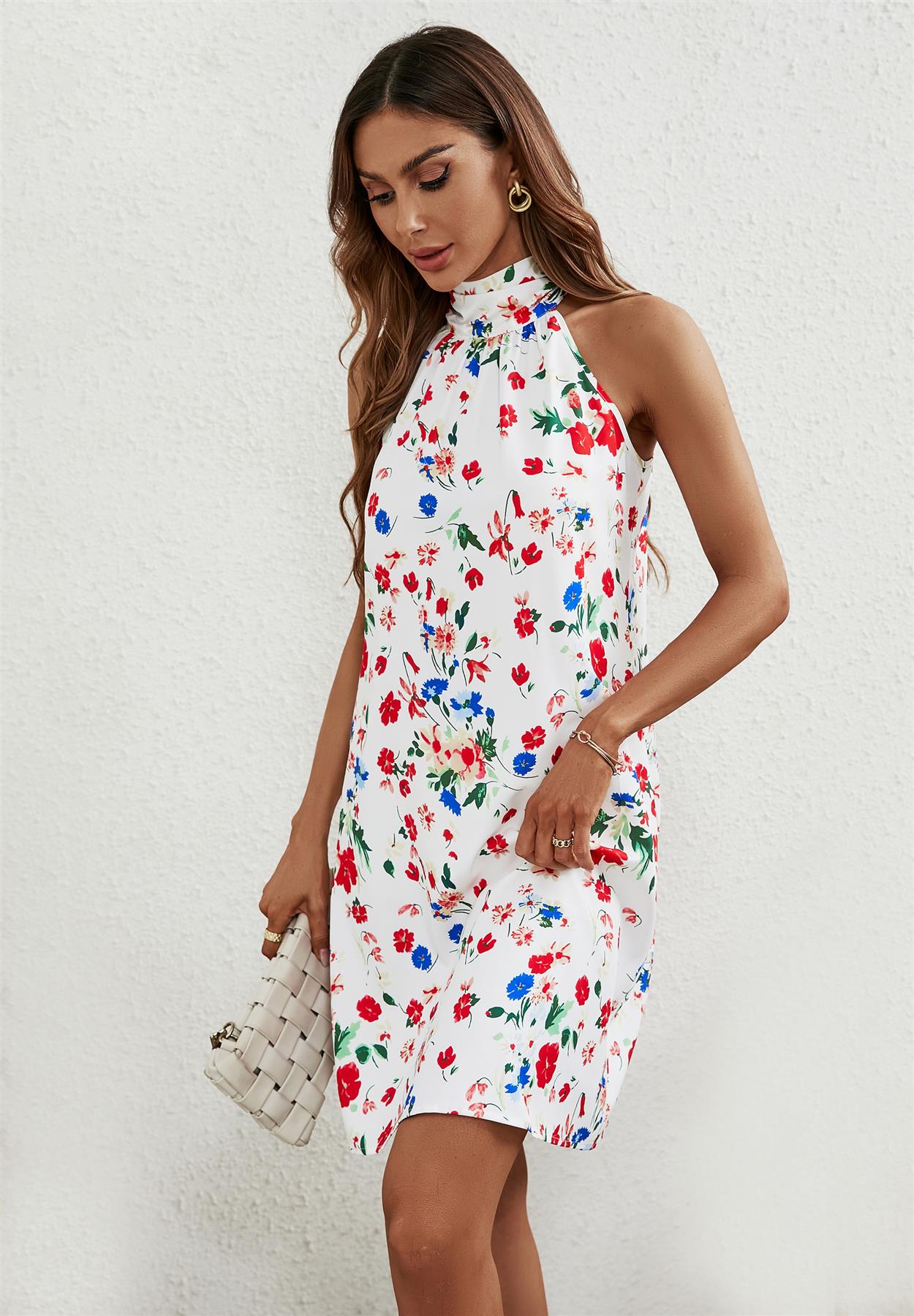 Floral Print Halter Neck Tie Back Mini Dress In White - AXON