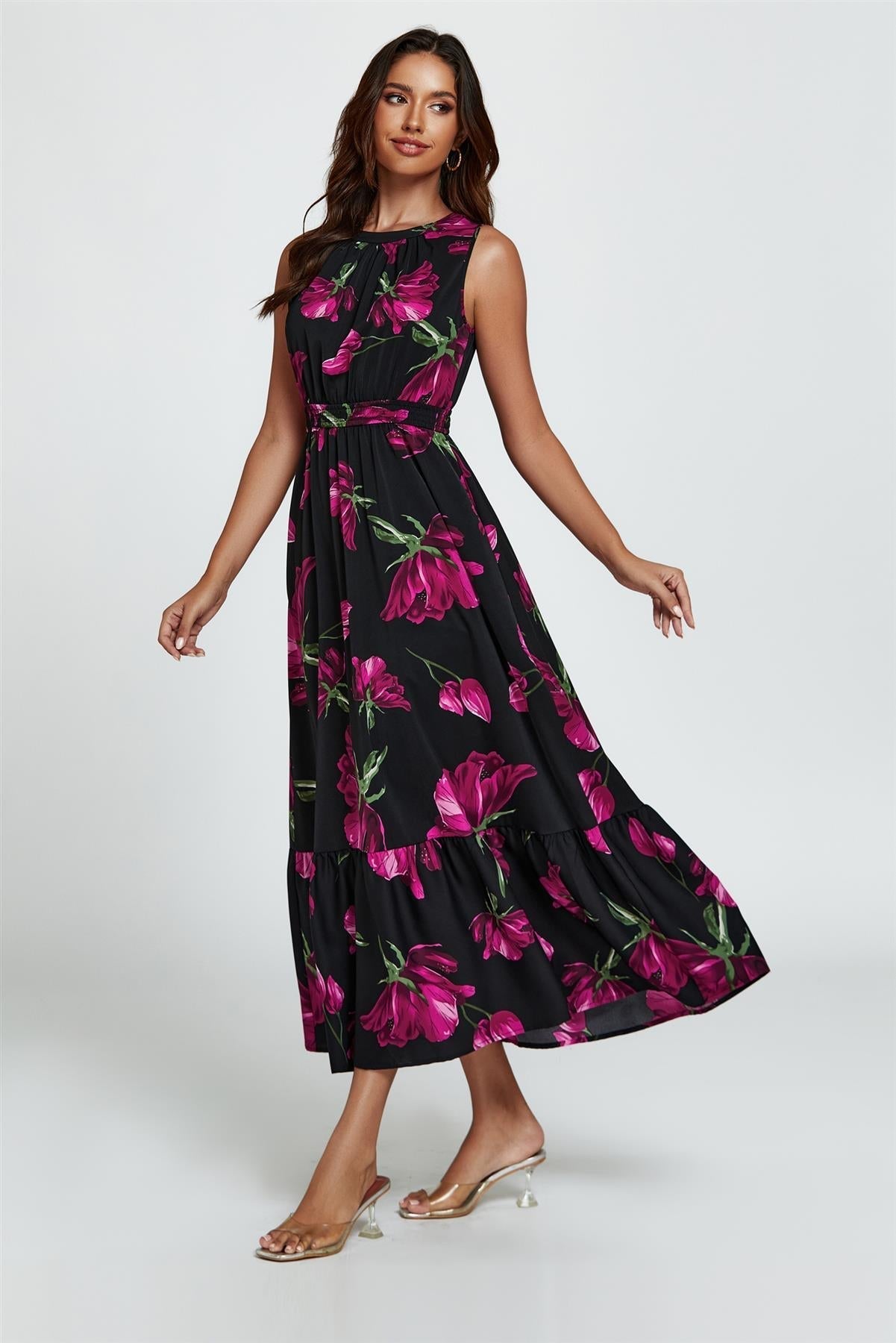 Floral Print Halterneck Maxi Dress In Black - AXON