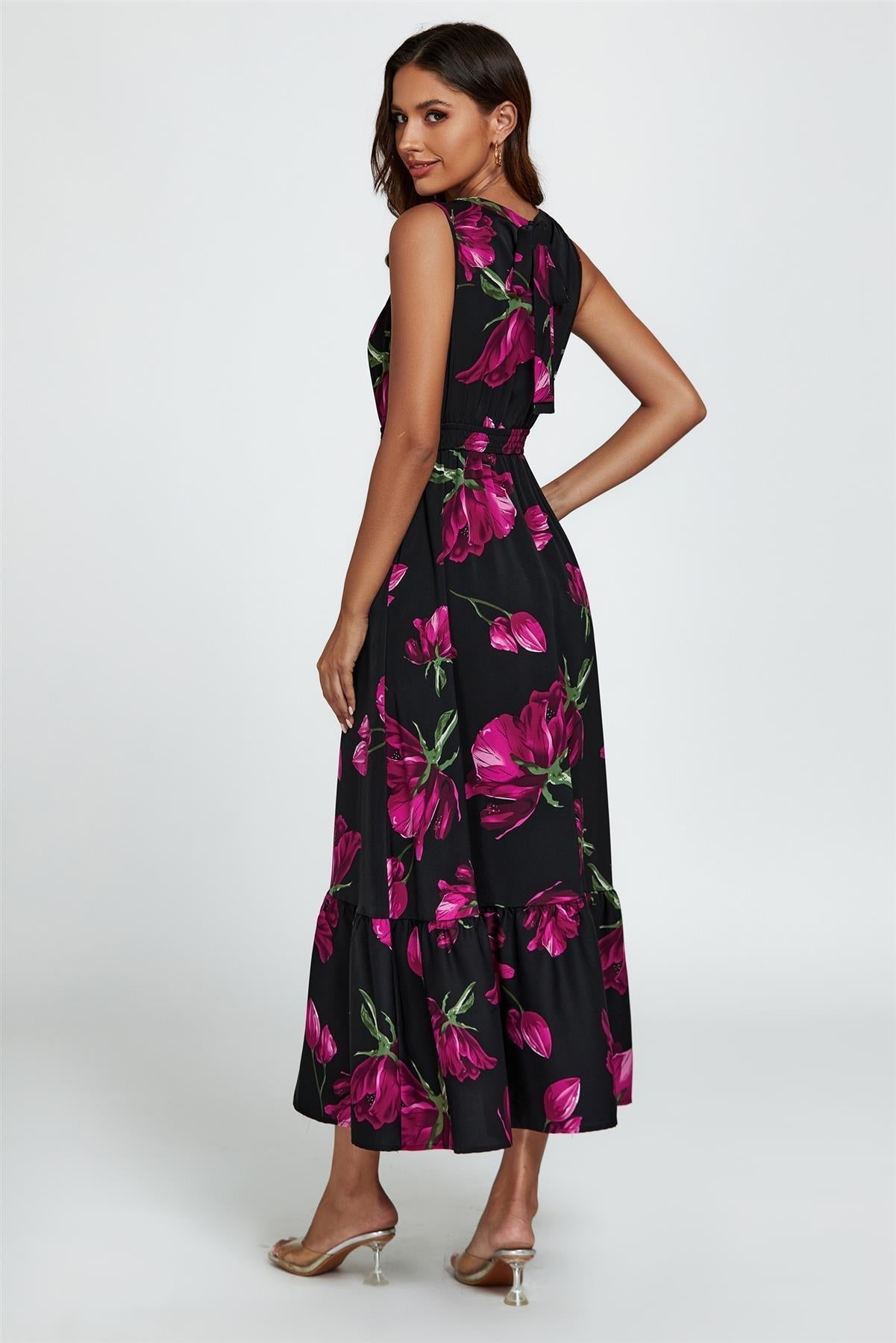 Floral Print Halterneck Maxi Dress In Black - AXON
