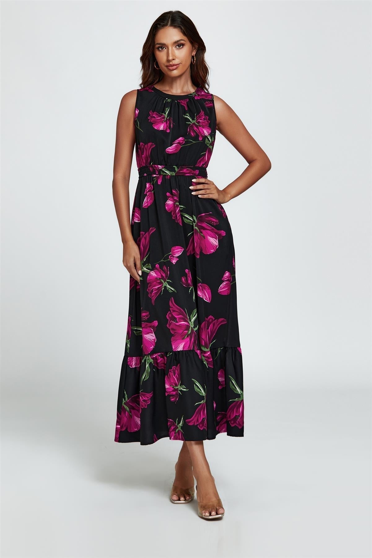 Floral Print Halterneck Maxi Dress In Black - AXON