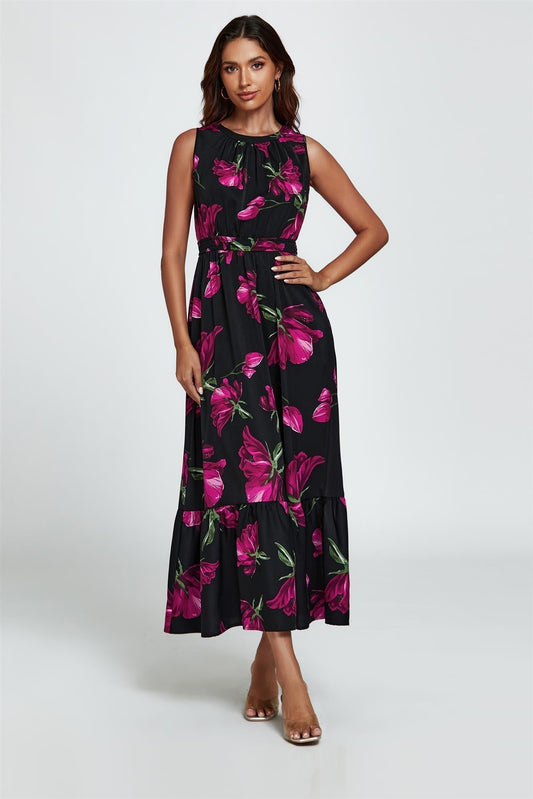Floral Print Halterneck Maxi Dress In Black - AXON