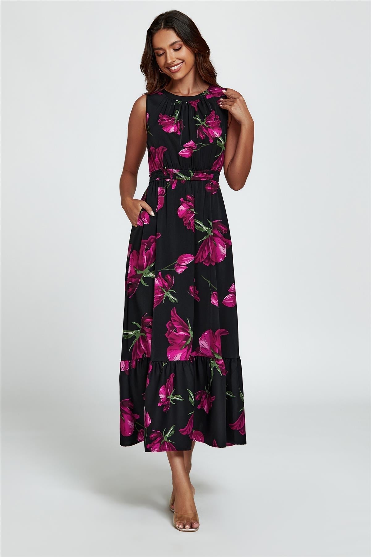 Floral Print Halterneck Maxi Dress In Black - AXON