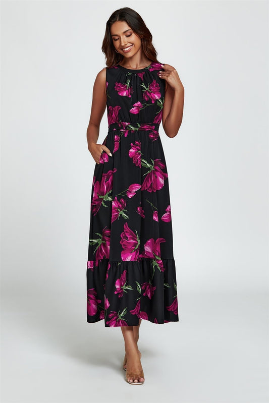 Floral Print Halterneck Maxi Dress In Black - AXON