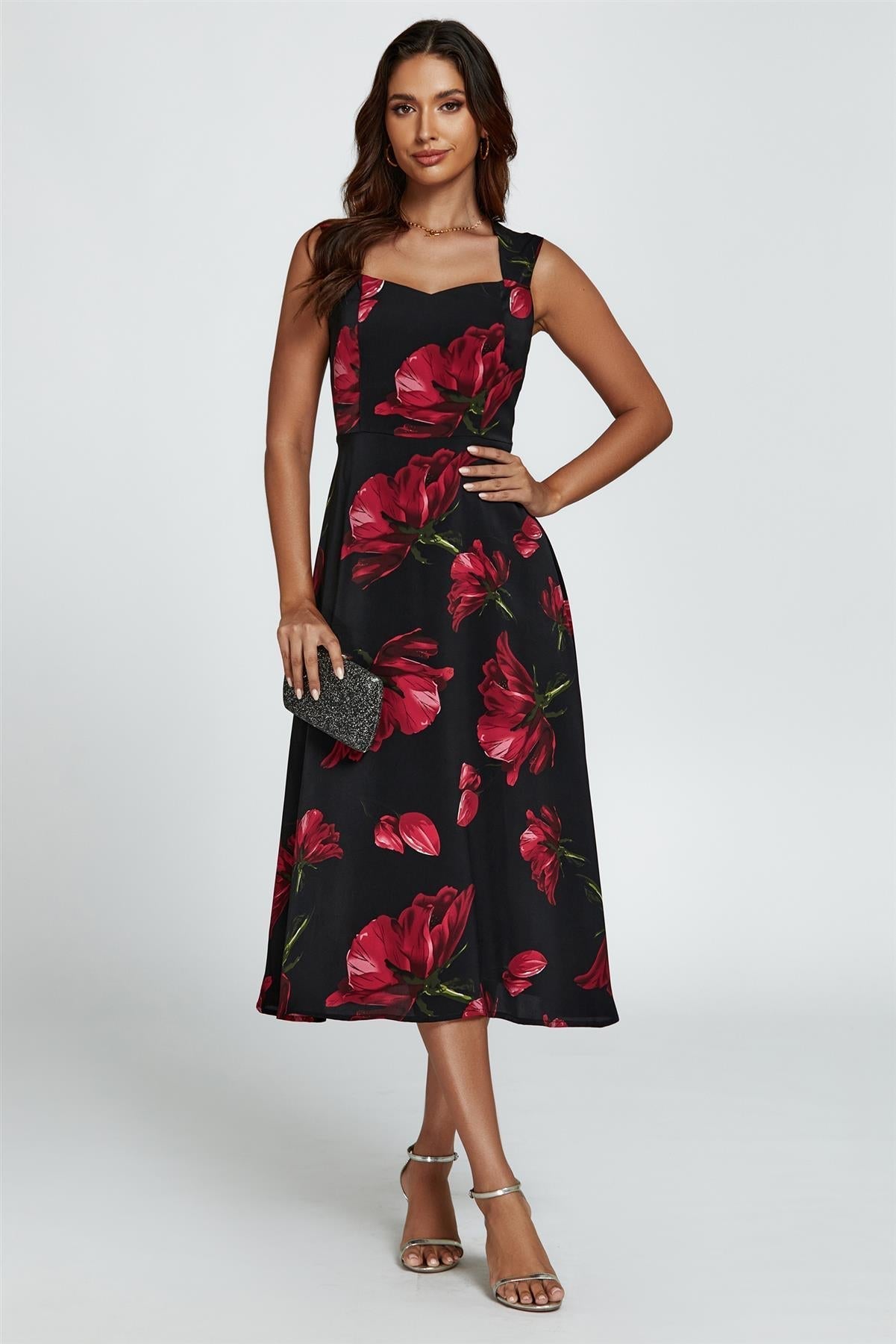Floral Print Heart Neck Midi Dress In Black - AXON