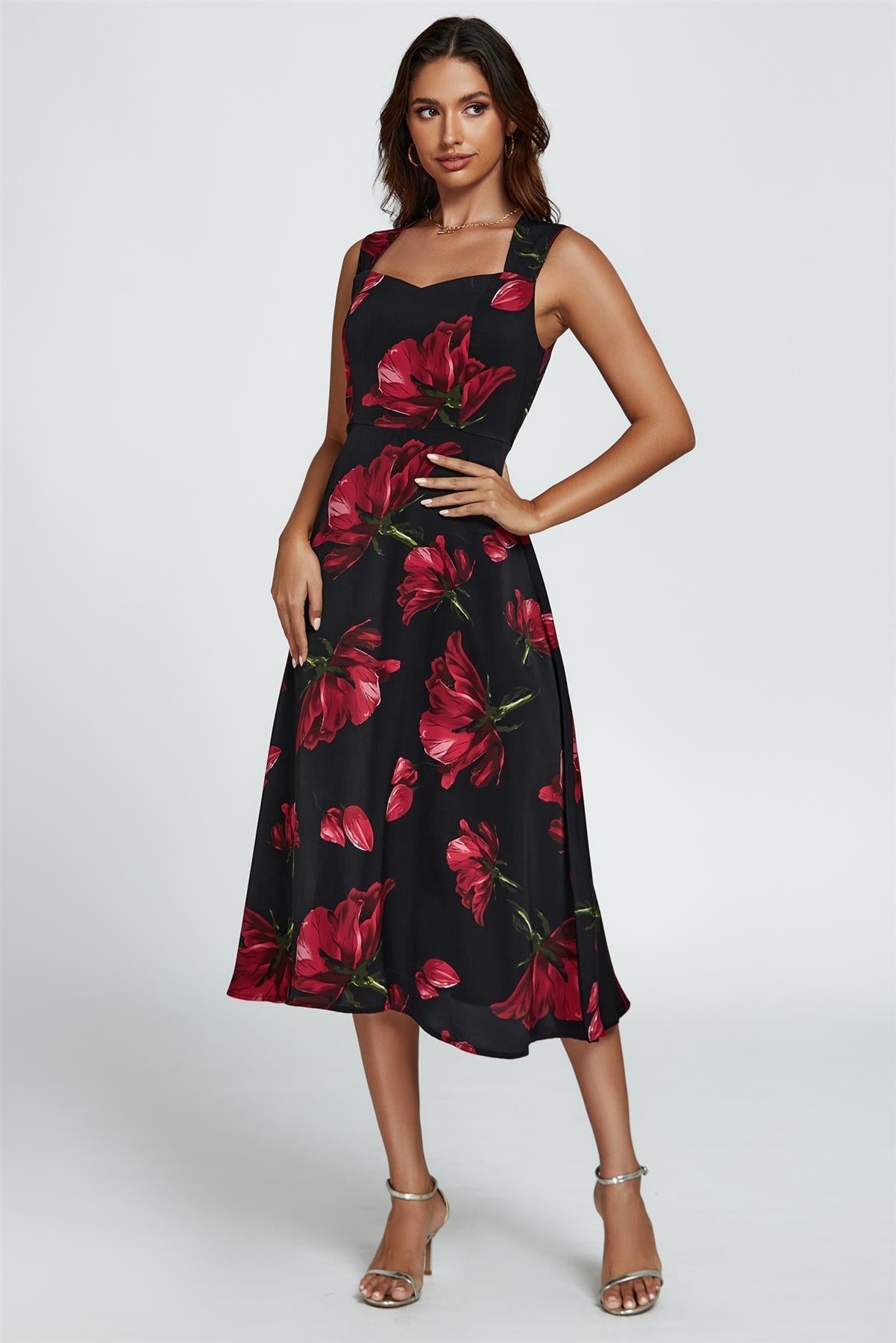 Floral Print Heart Neck Midi Dress In Black - AXON