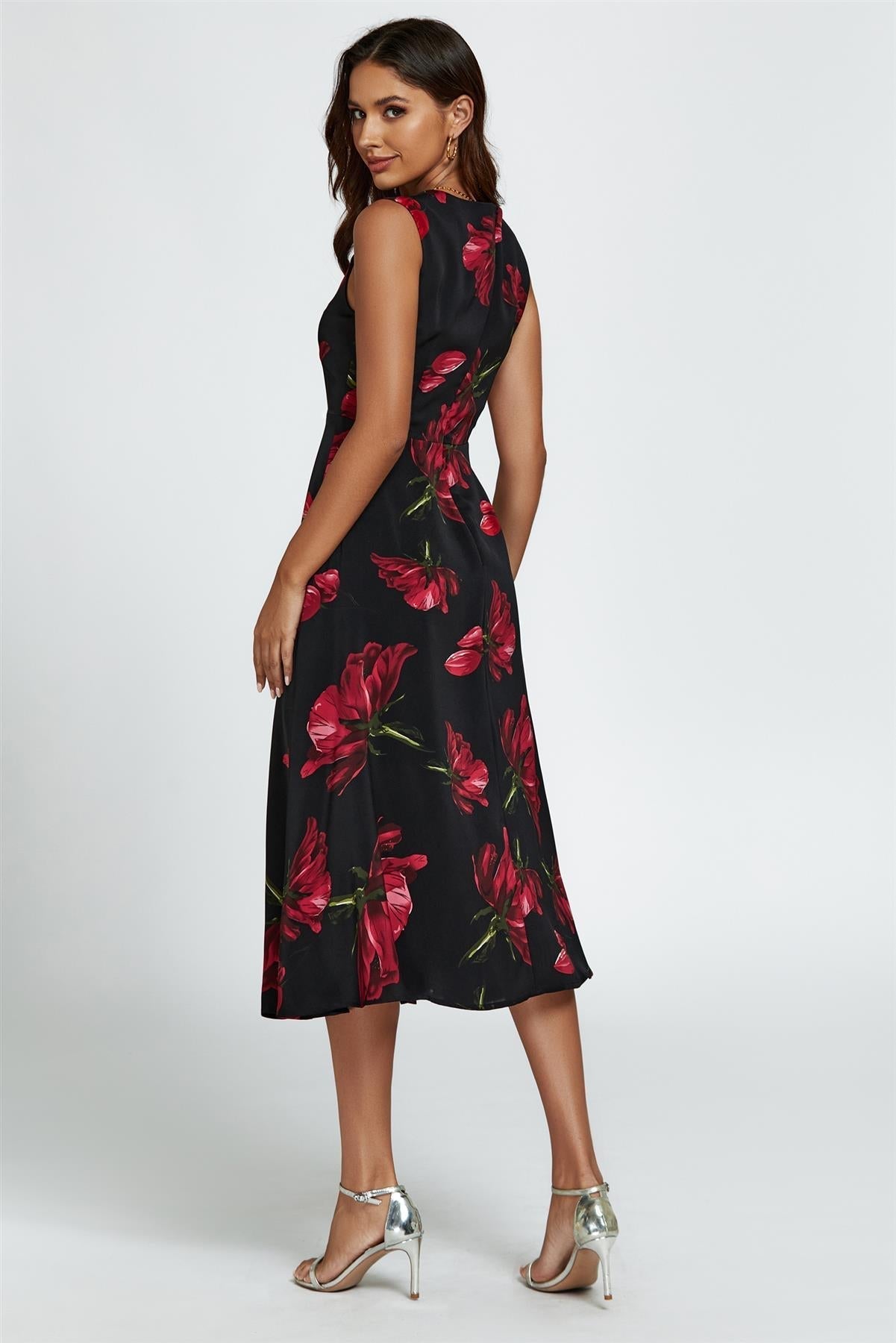 Floral Print Heart Neck Midi Dress In Black - AXON