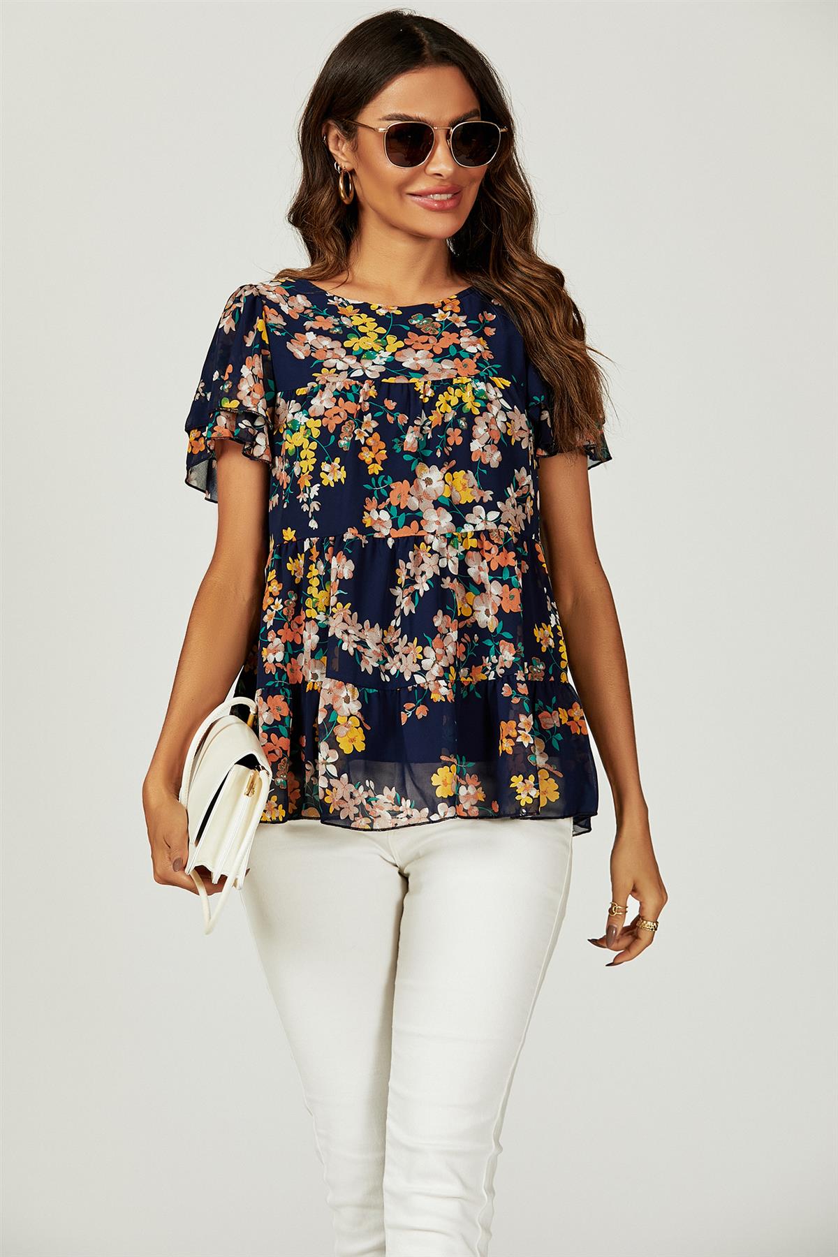 Floral Print Hem Tiered Smock Short Sleeve Blouse Top In Navy - AXON
