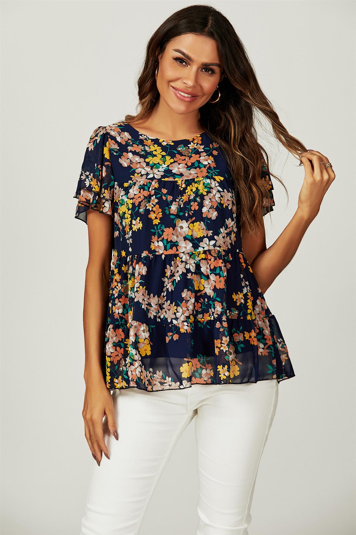 Floral Print Hem Tiered Smock Short Sleeve Blouse Top In Navy - AXON
