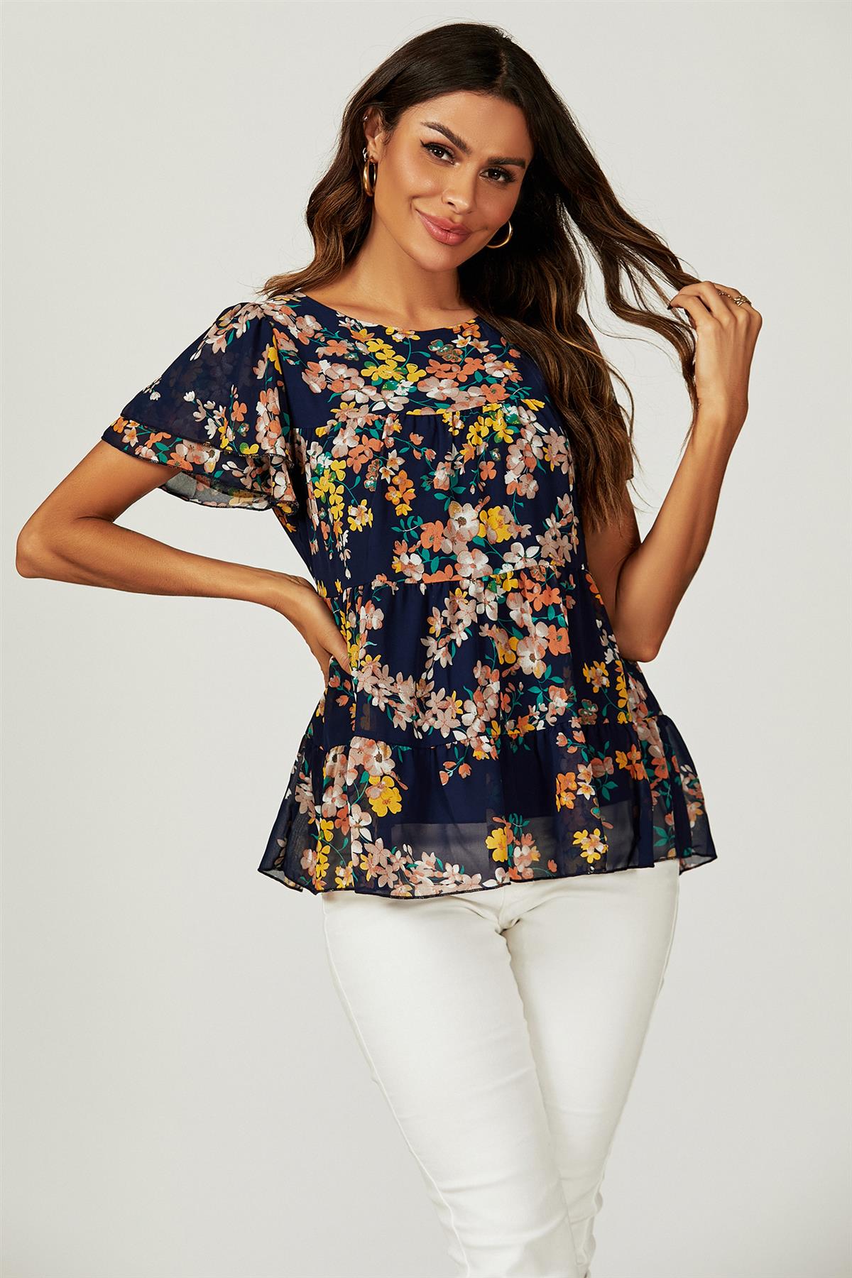 Floral Print Hem Tiered Smock Short Sleeve Blouse Top In Navy - AXON