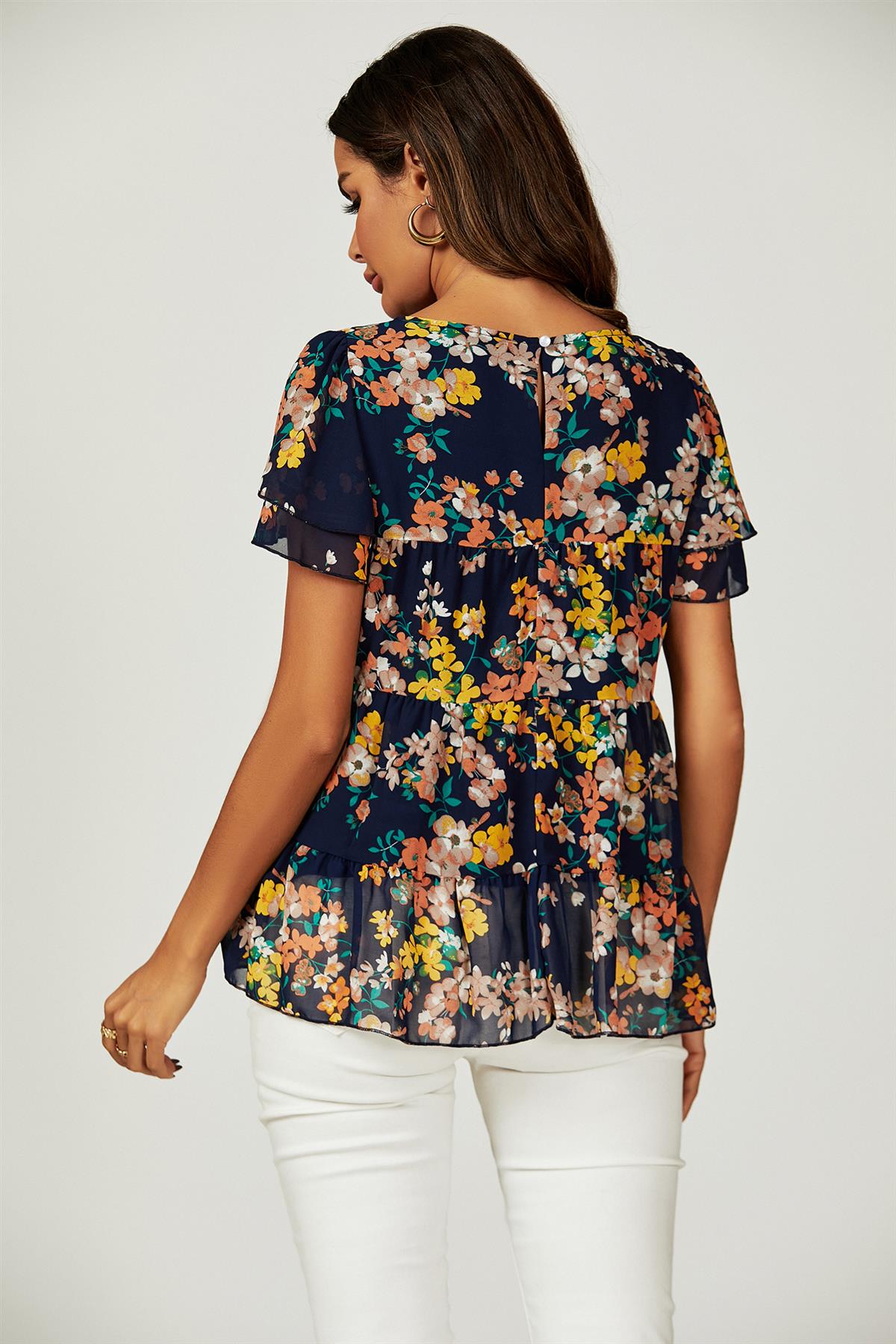 Floral Print Hem Tiered Smock Short Sleeve Blouse Top In Navy - AXON