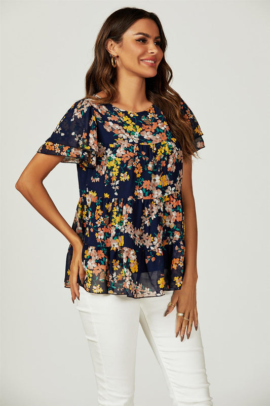 Floral Print Hem Tiered Smock Short Sleeve Blouse Top In Navy - AXON