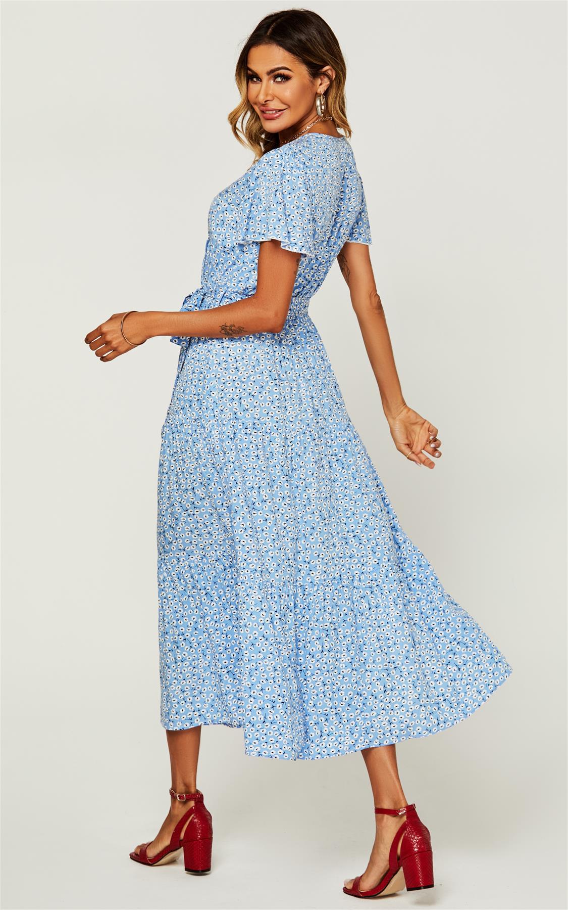 Floral Print Hem Tiered Wrap Midi Dress In Blue - AXON