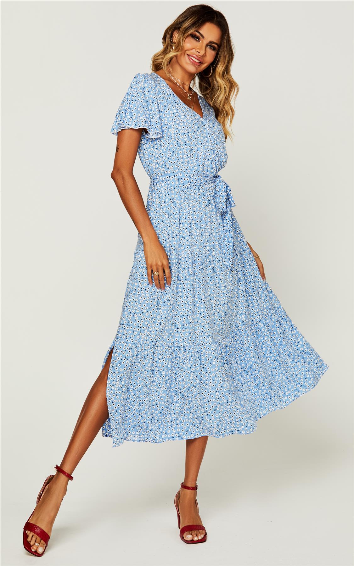 Floral Print Hem Tiered Wrap Midi Dress In Blue - AXON