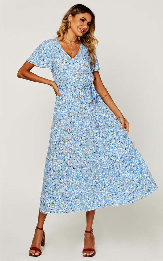 Floral Print Hem Tiered Wrap Midi Dress In Blue - AXON