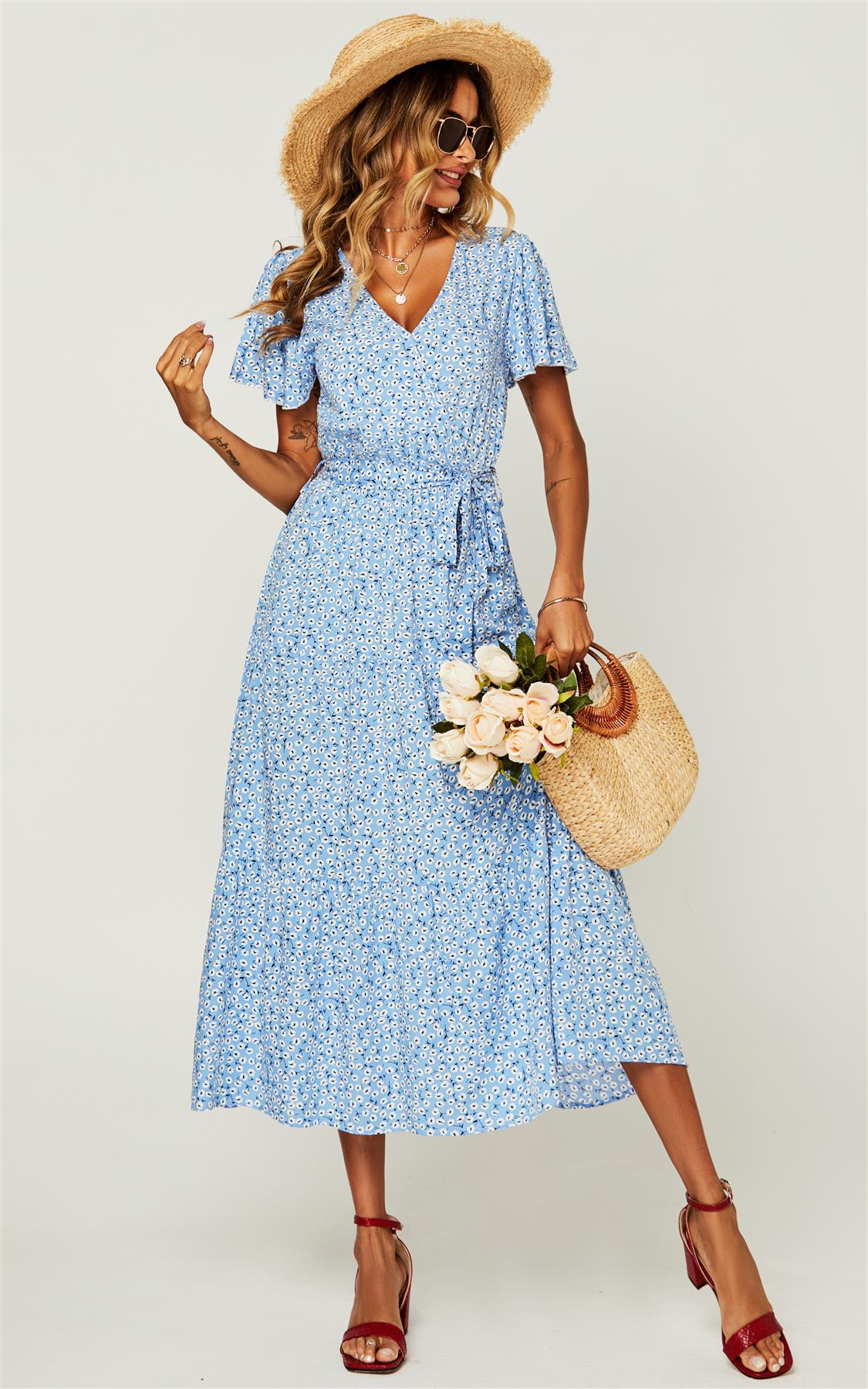 Floral Print Hem Tiered Wrap Midi Dress In Blue - AXON
