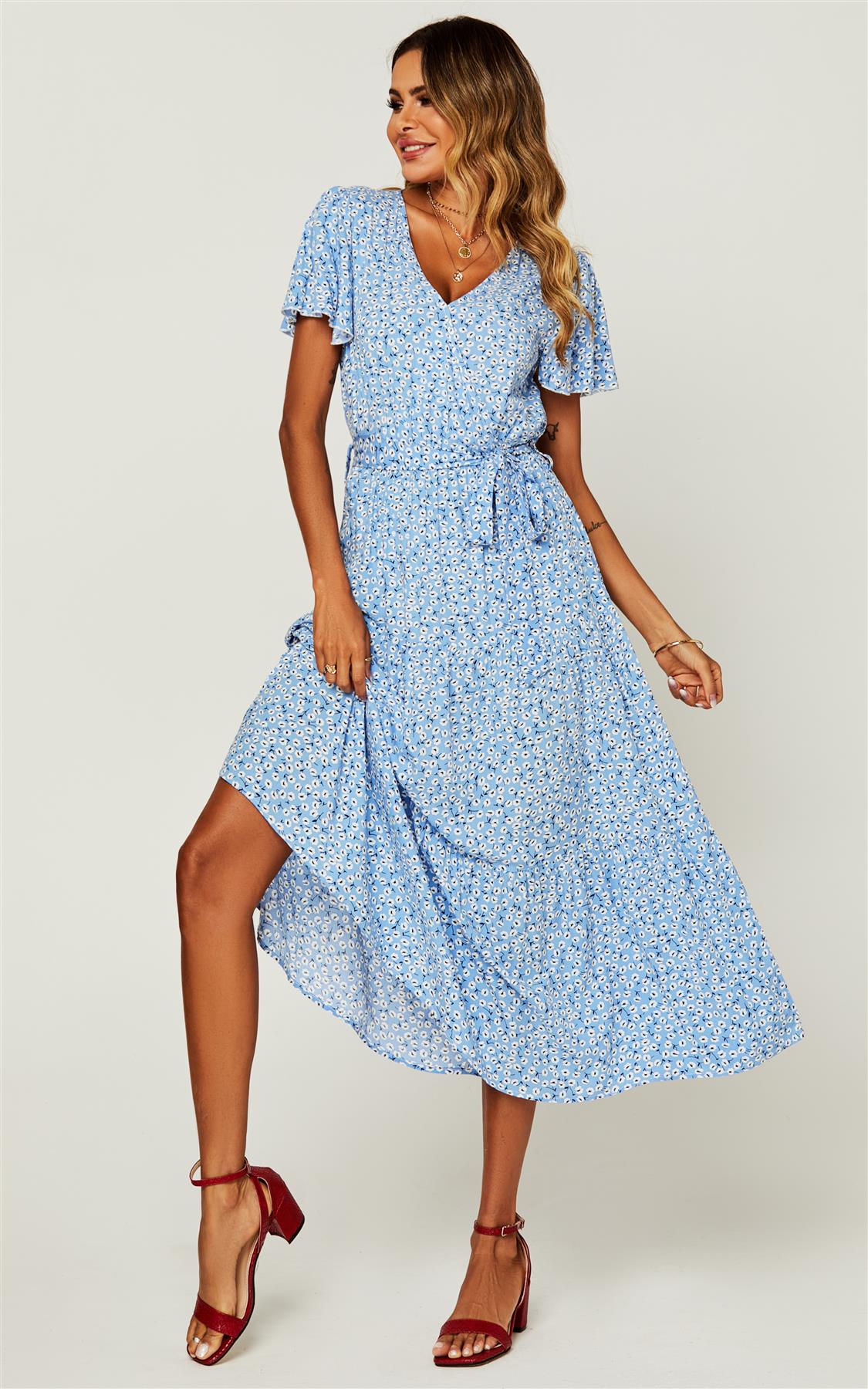 Floral Print Hem Tiered Wrap Midi Dress In Blue - AXON