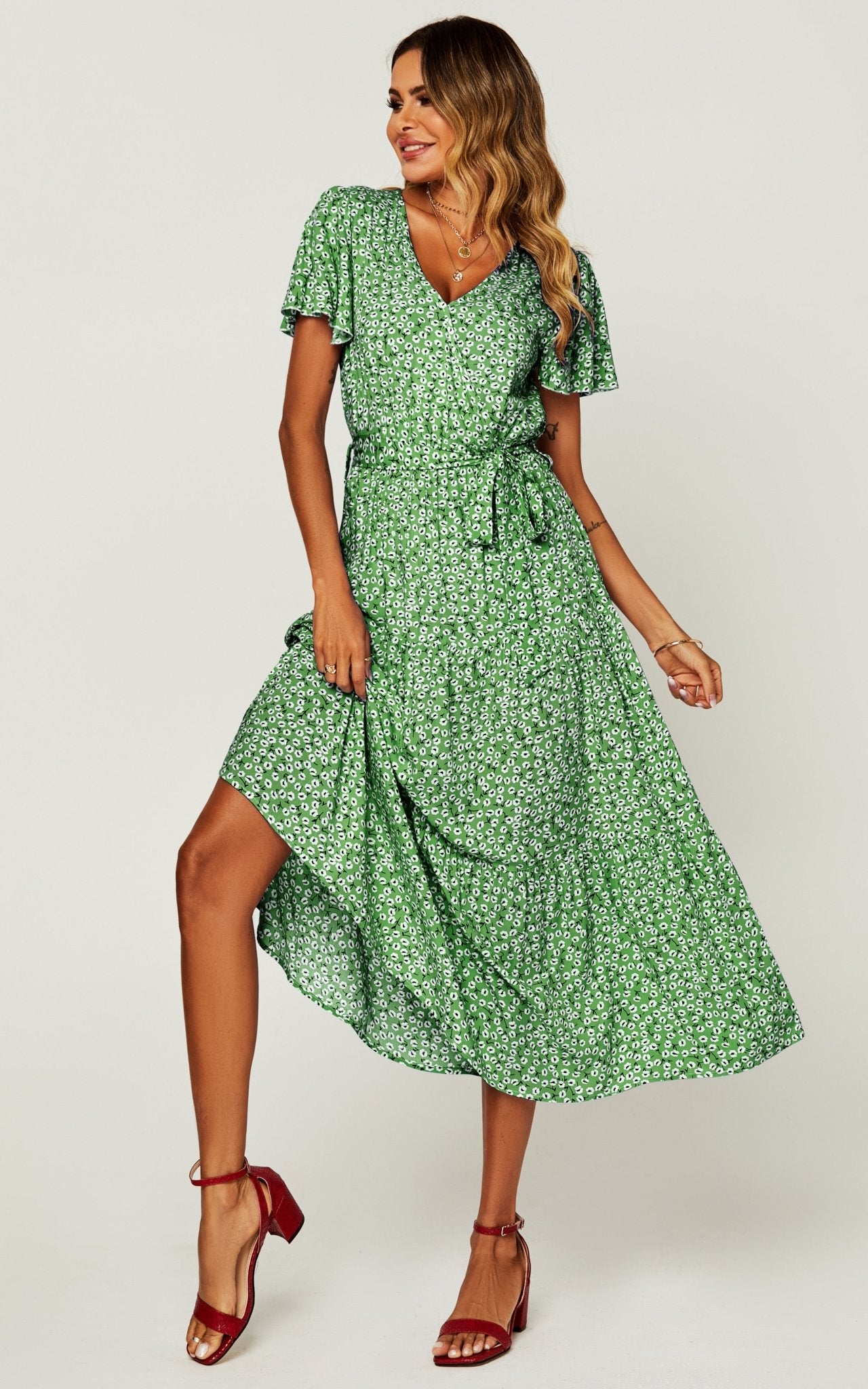Floral Print Hem Tiered Wrap Midi Dress In Green - AXON
