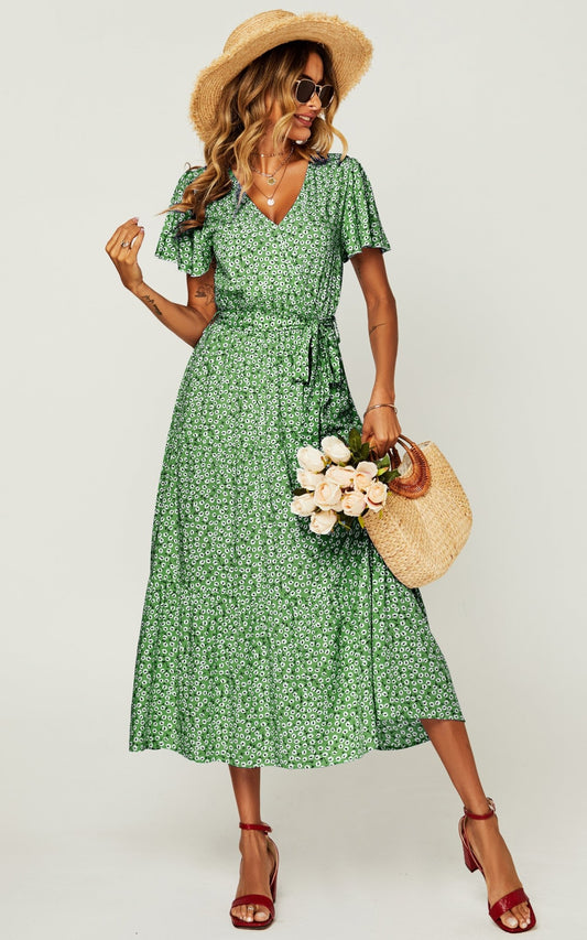 Floral Print Hem Tiered Wrap Midi Dress In Green - AXON