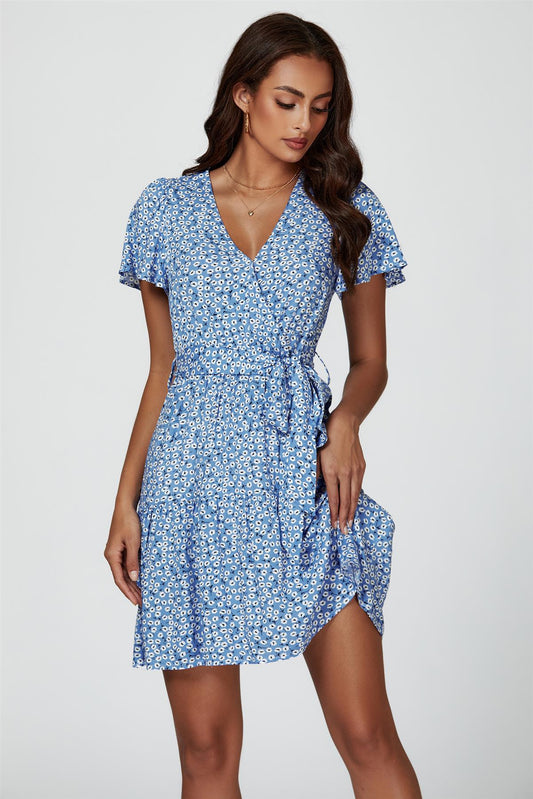 Floral Print Hem Tiered Wrap Mini Dress In Blue - AXON