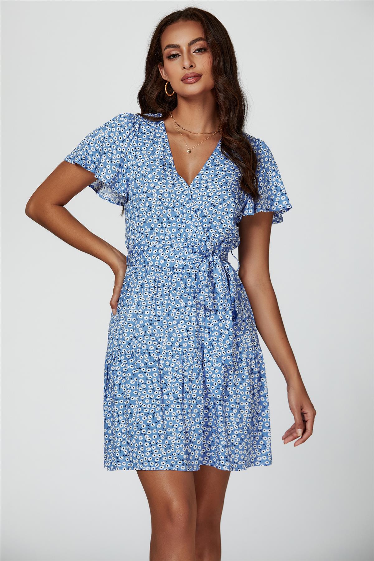 Floral Print Hem Tiered Wrap Mini Dress In Blue - AXON