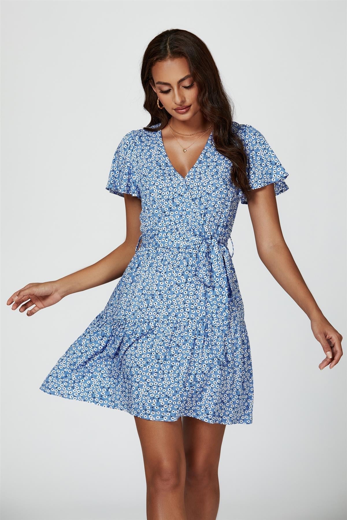 Floral Print Hem Tiered Wrap Mini Dress In Blue - AXON