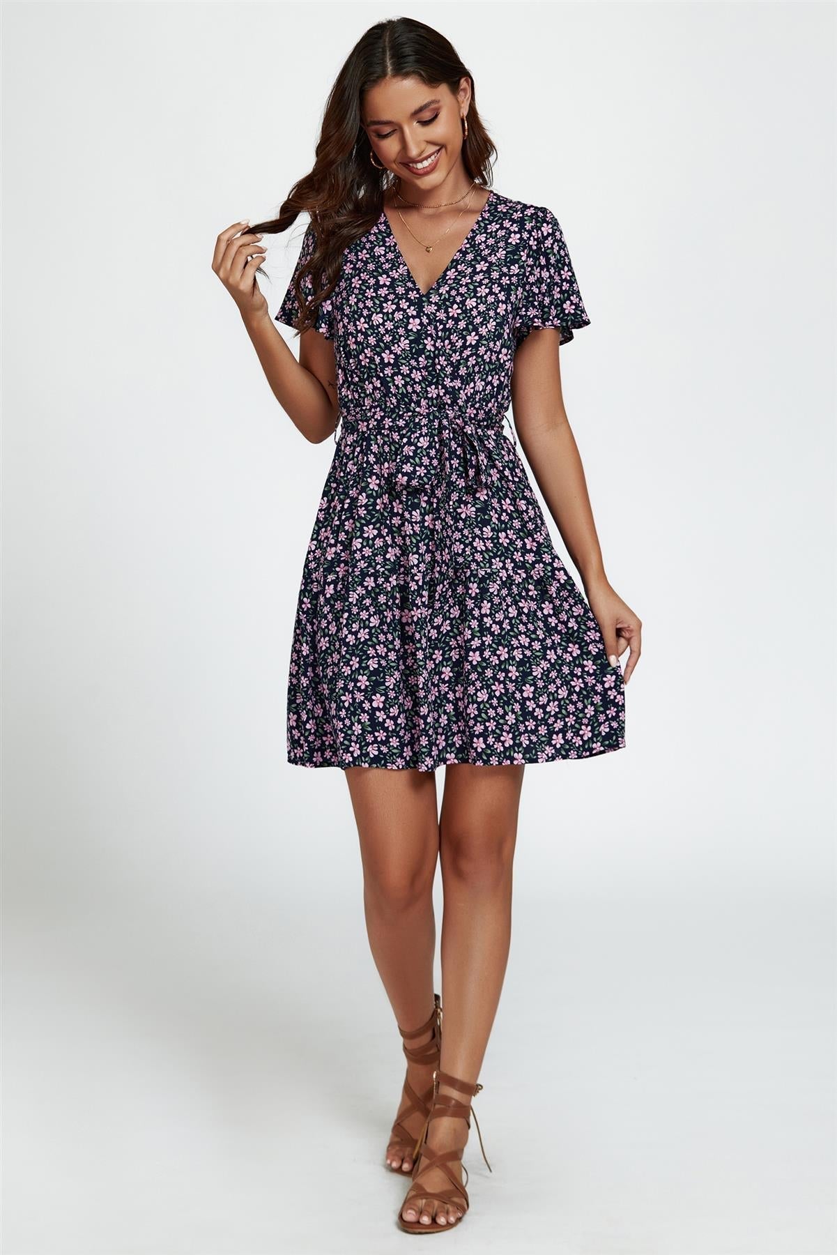Floral Print Hem Tiered Wrap Mini Dress In Navy - AXON