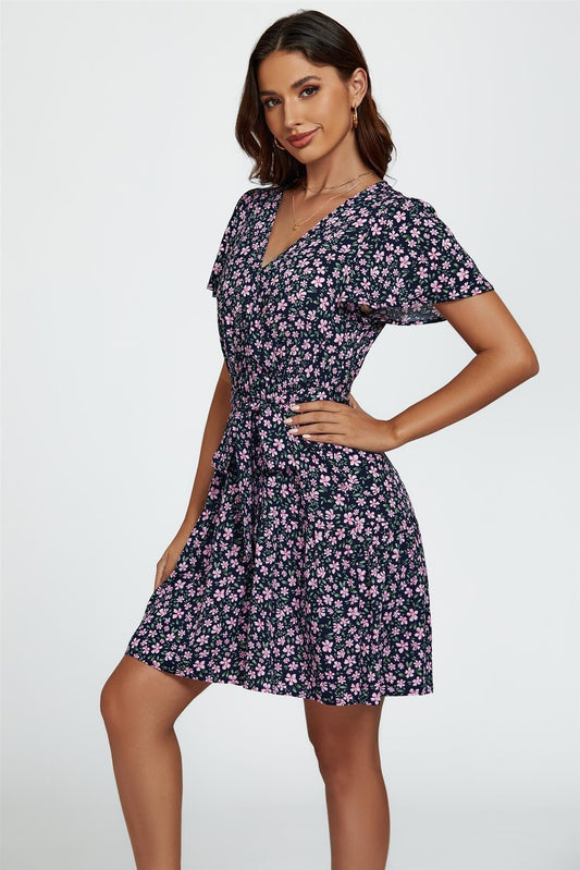 Floral Print Hem Tiered Wrap Mini Dress In Navy - AXON