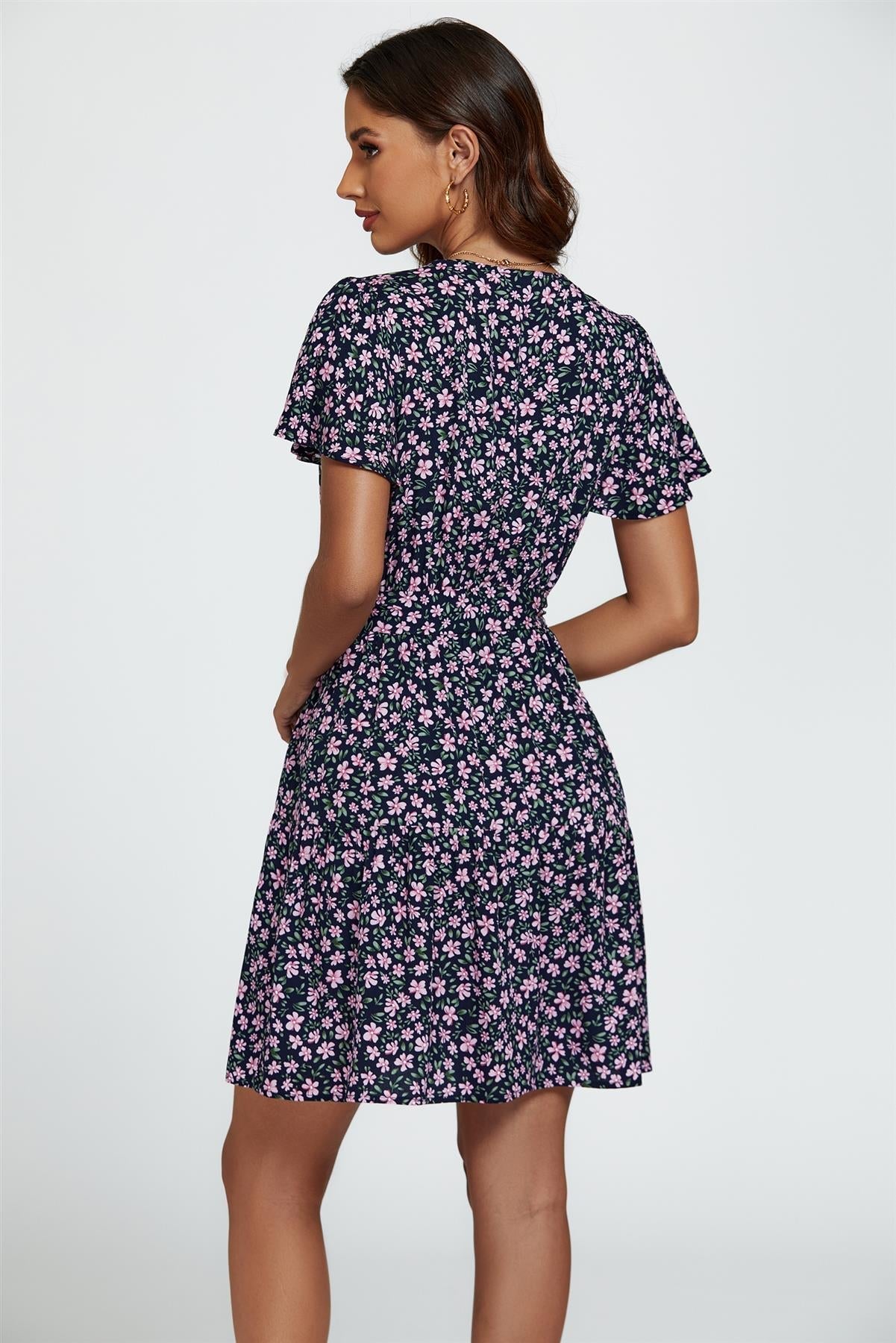 Floral Print Hem Tiered Wrap Mini Dress In Navy - AXON