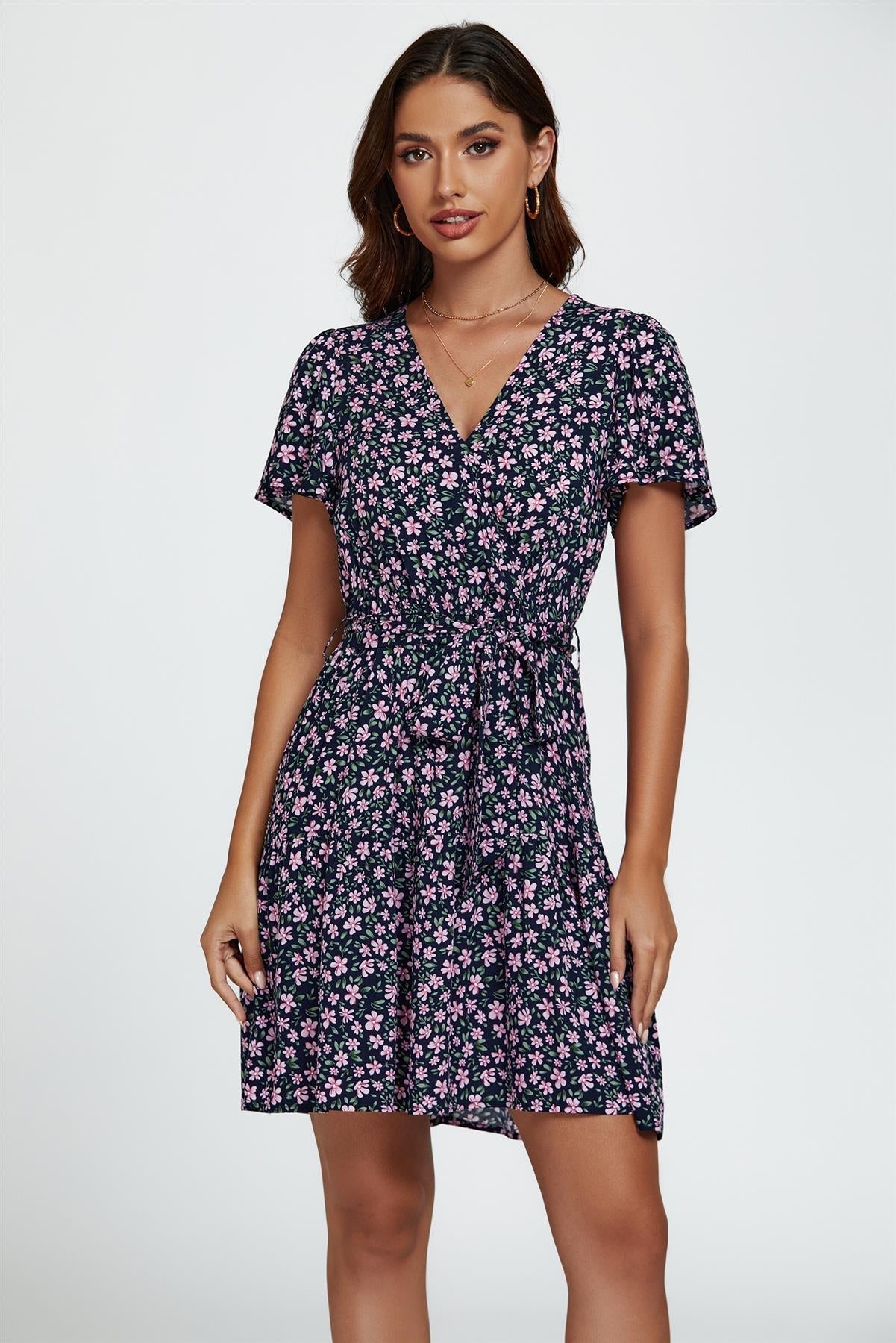 Floral Print Hem Tiered Wrap Mini Dress In Navy - AXON