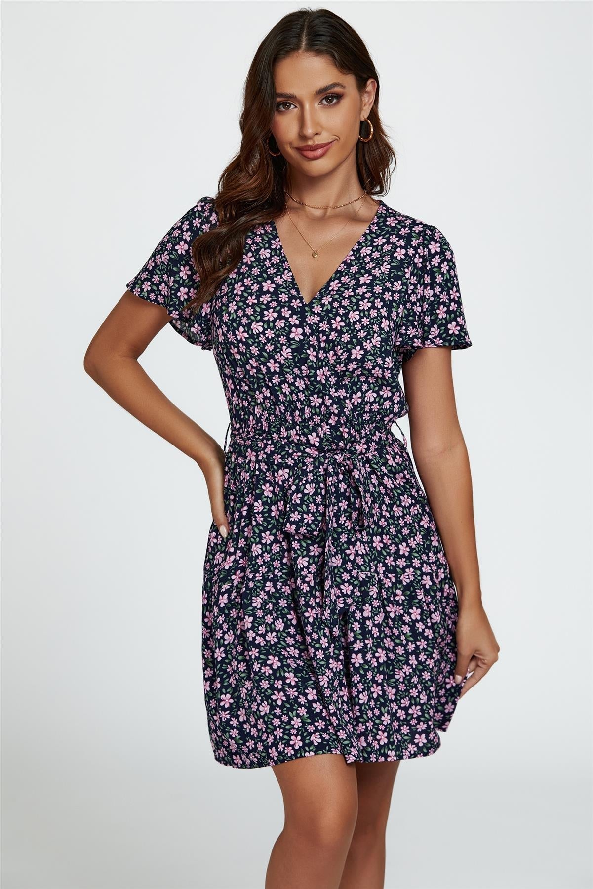 Floral Print Hem Tiered Wrap Mini Dress In Navy - AXON
