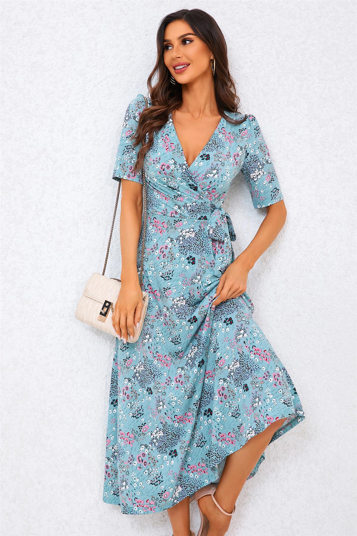 Floral Print Jersey Midi Dress In Blue - AXON