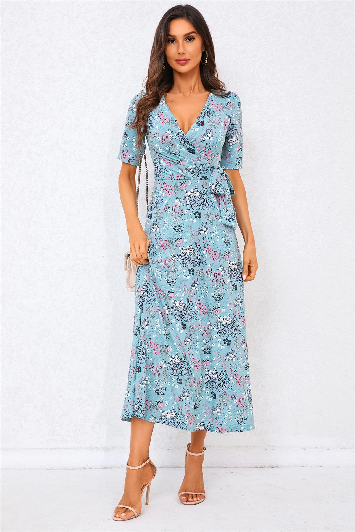 Floral Print Jersey Midi Dress In Blue - AXON