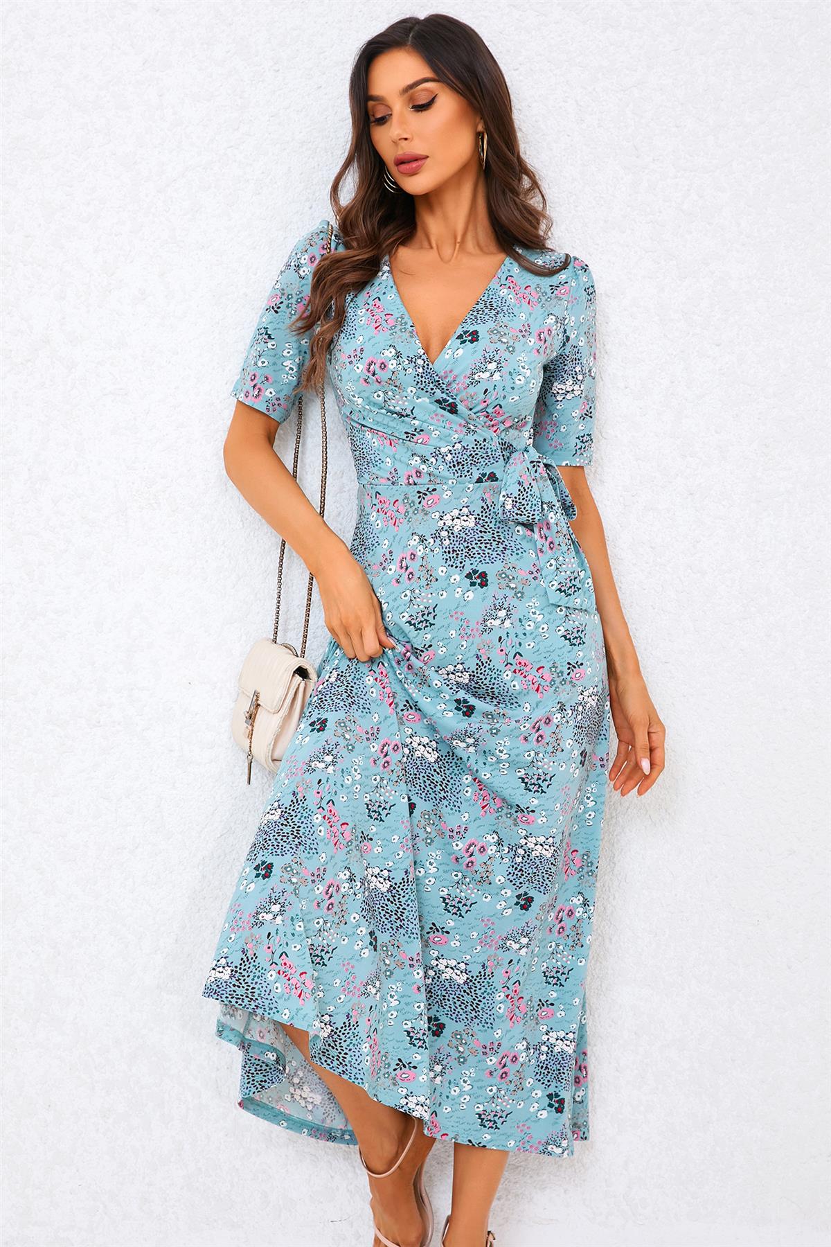 Floral Print Jersey Midi Dress In Blue - AXON