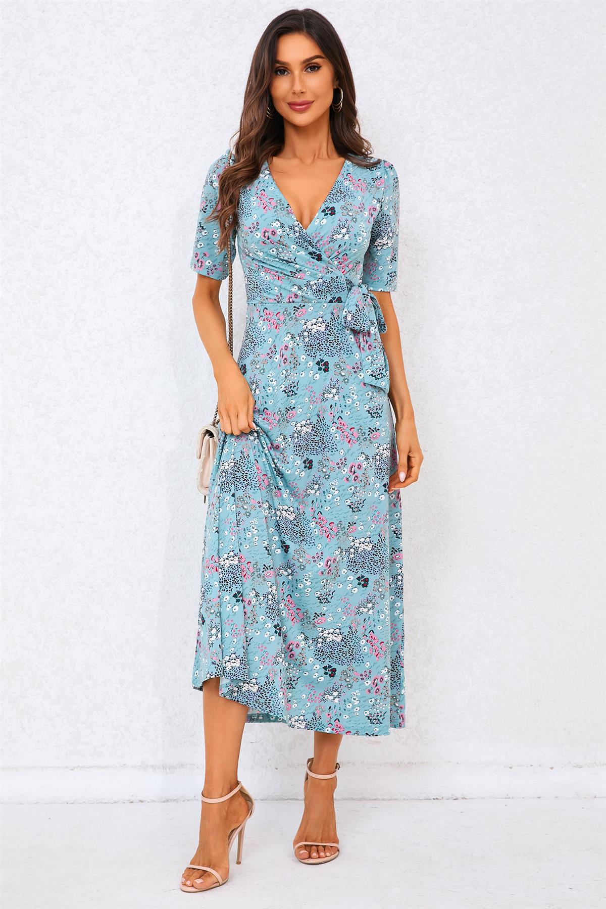 Floral Print Jersey Midi Dress In Blue - AXON