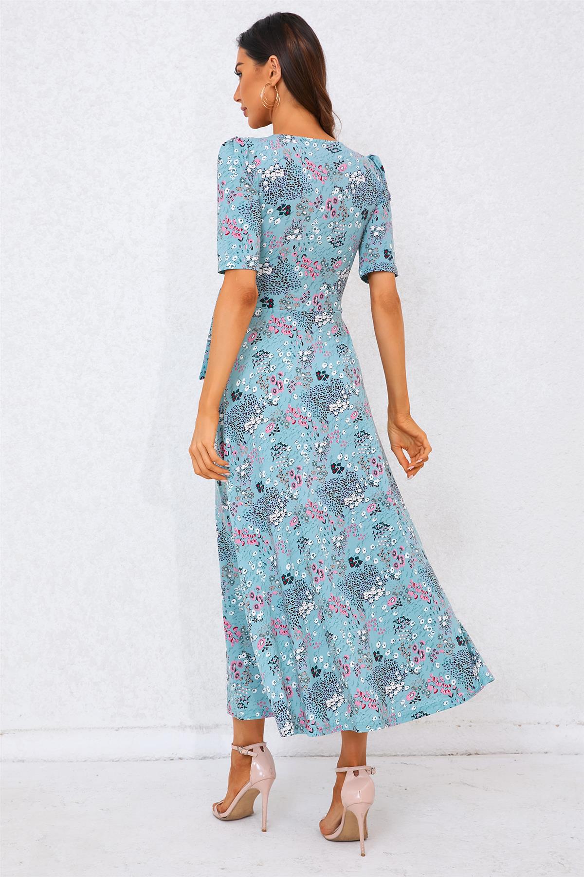 Floral Print Jersey Midi Dress In Blue - AXON