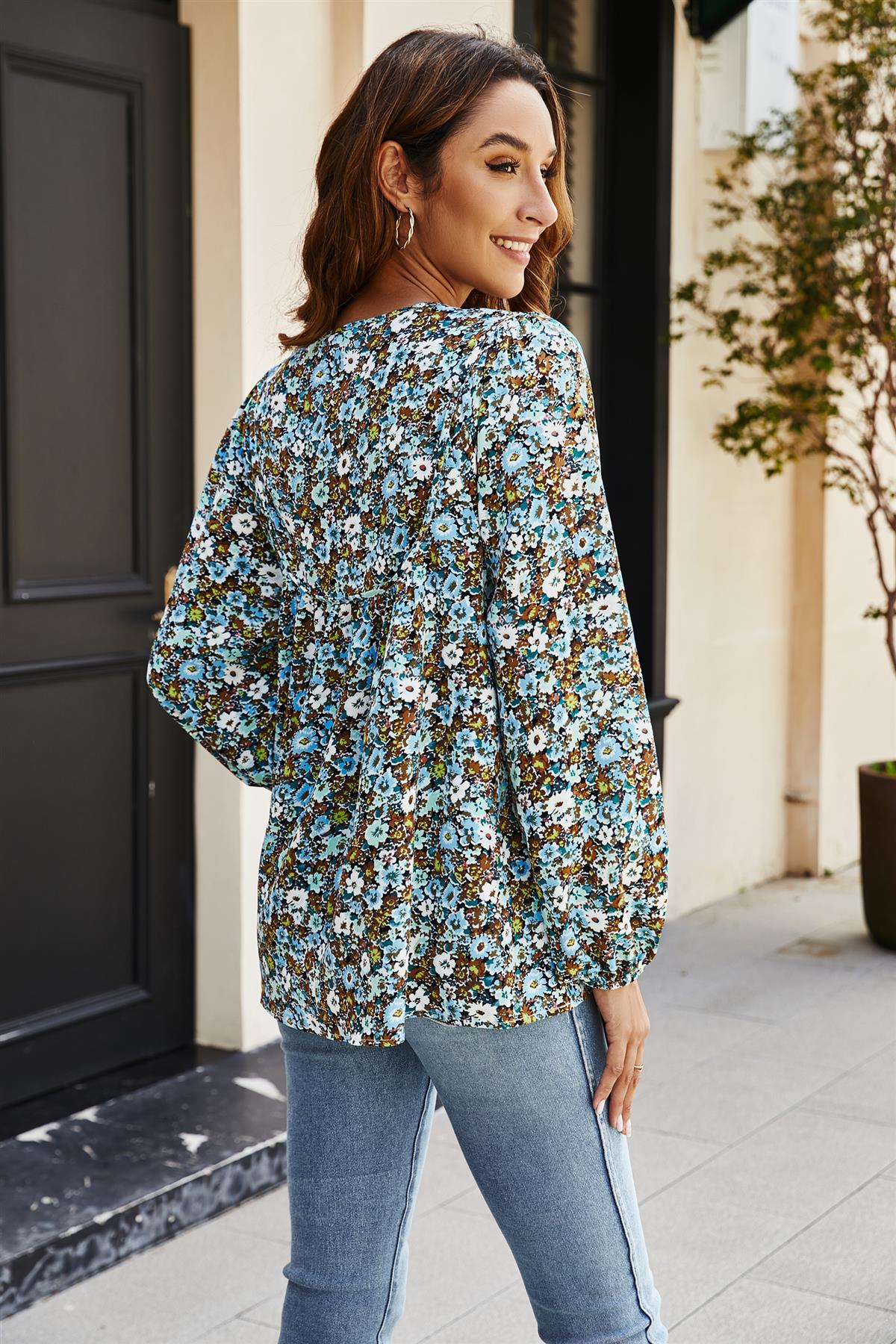 Floral Print long sleeve Blouse Top In Blue - AXON
