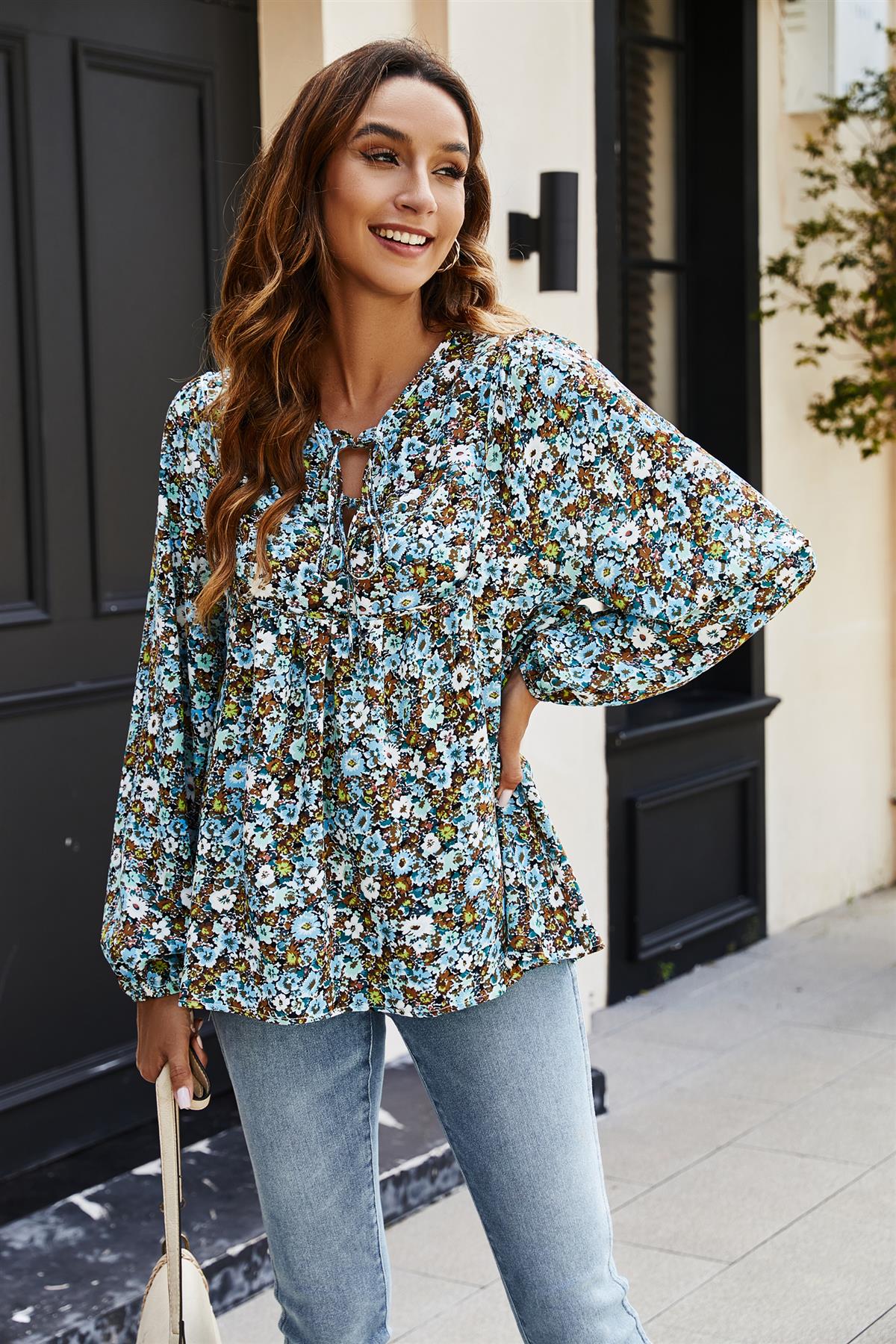 Floral Print long sleeve Blouse Top In Blue - AXON
