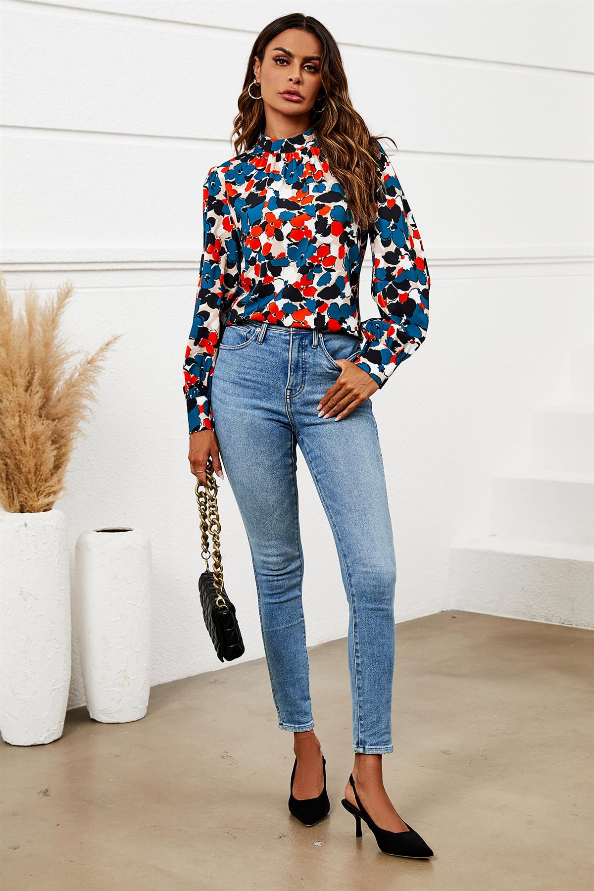 Floral Print Long Sleeve High Neck Top In Blue - AXON