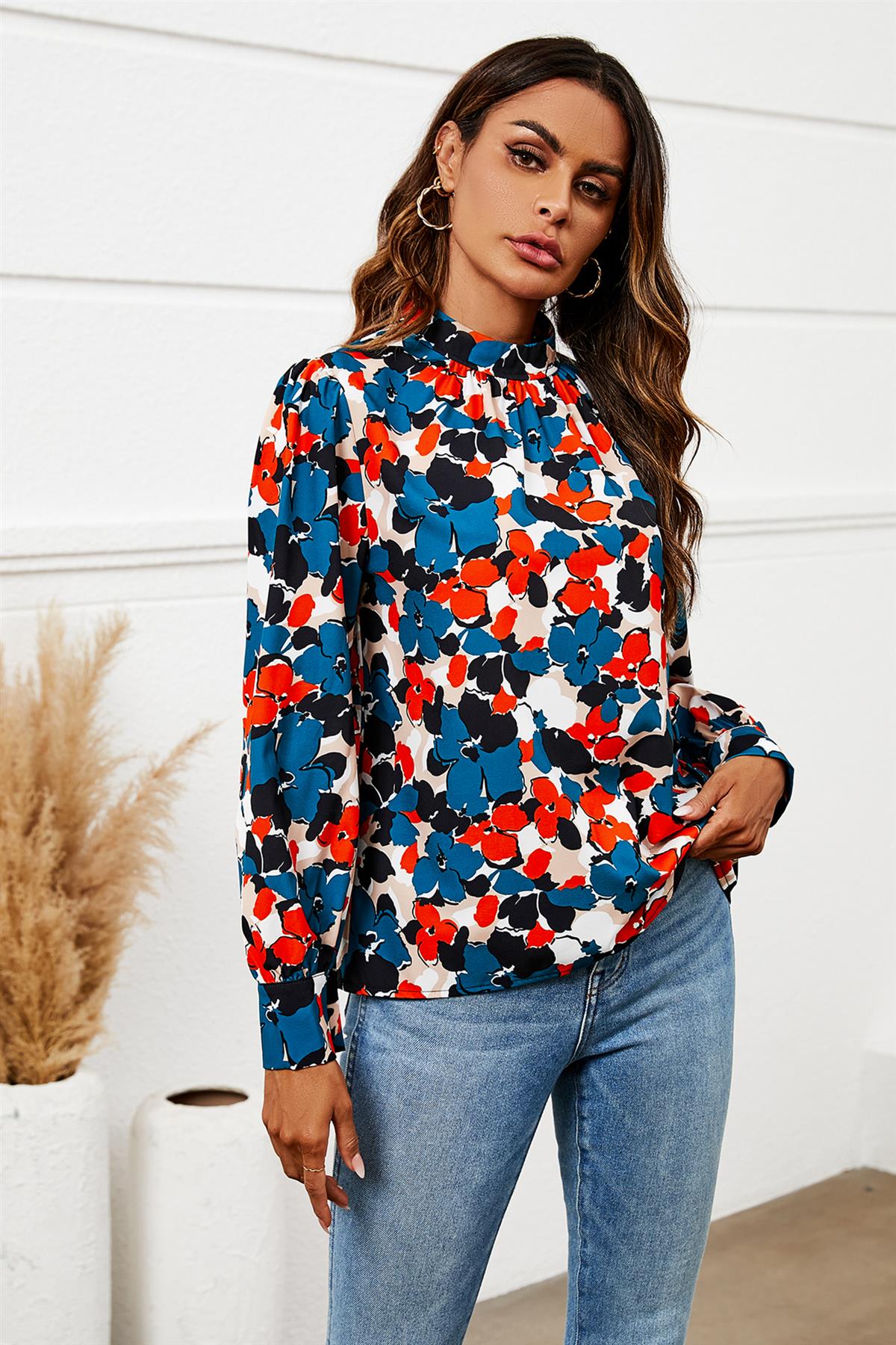 Floral Print Long Sleeve High Neck Top In Blue - AXON
